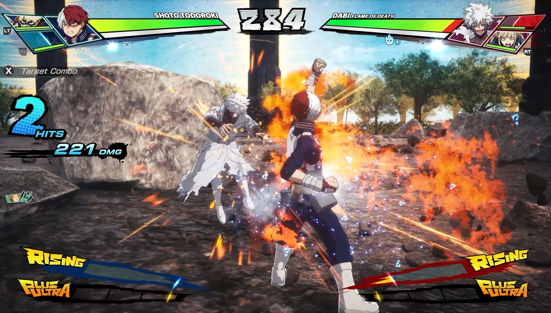 Characters engage in a dynamic 3v3 Quirk battle, showcasing fiery and icy powers in a vibrant arena setting