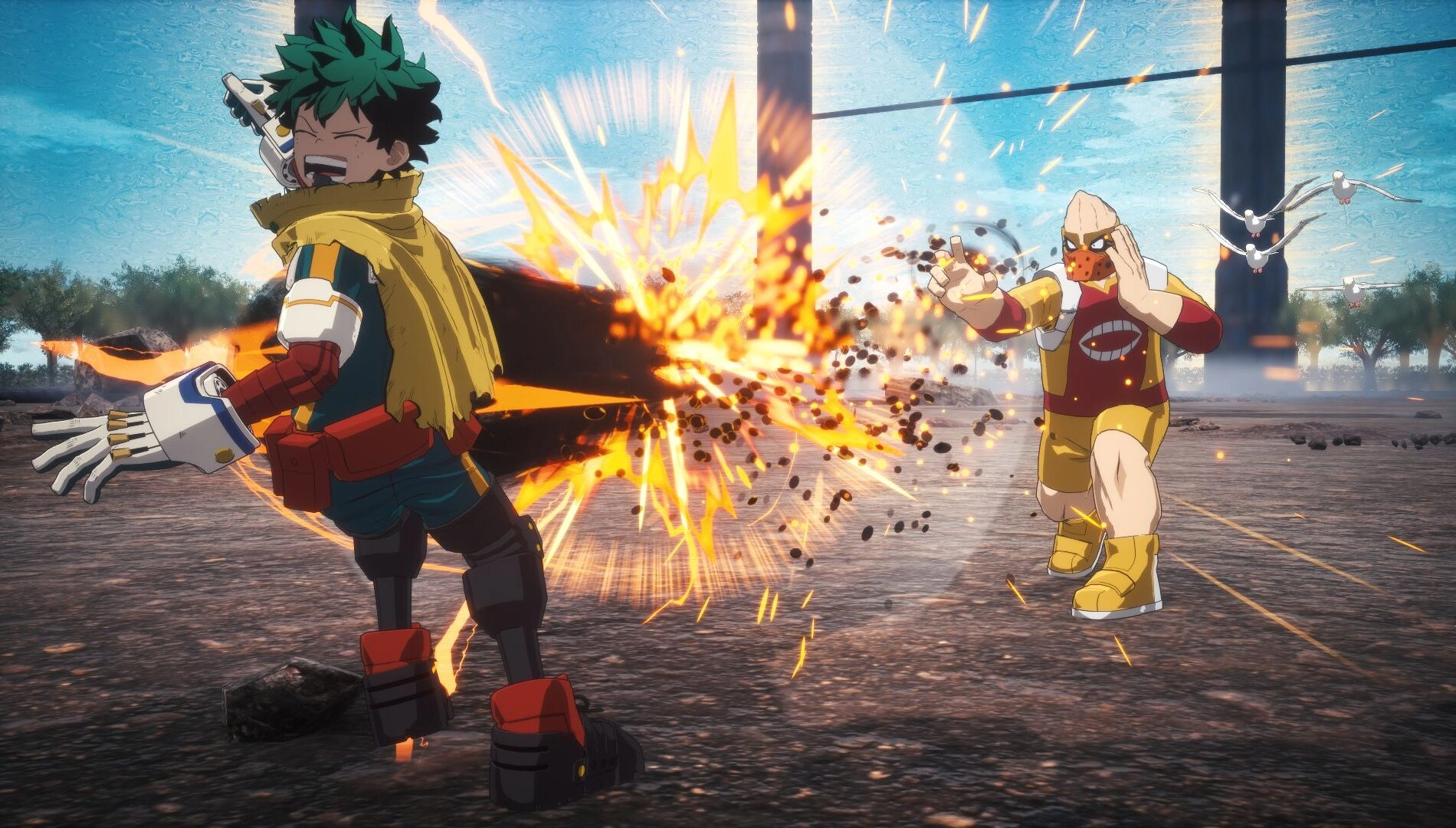 Two characters engage in a dynamic battle, showcasing explosive Quirk abilities in a virtual arena