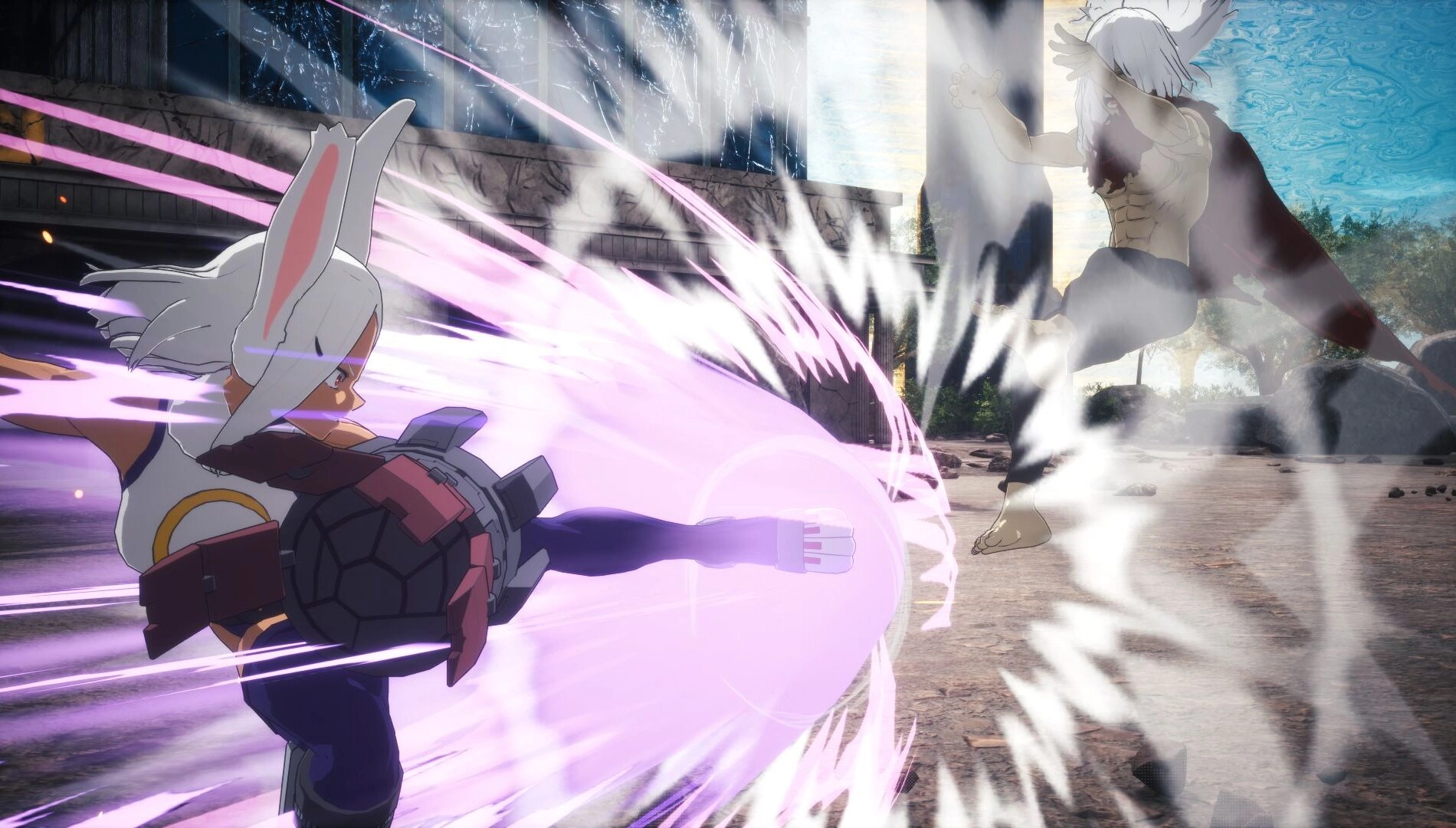 Hero unleashes a powerful Quirk attack against an opponent in a dynamic 3v3 battle scene from the game