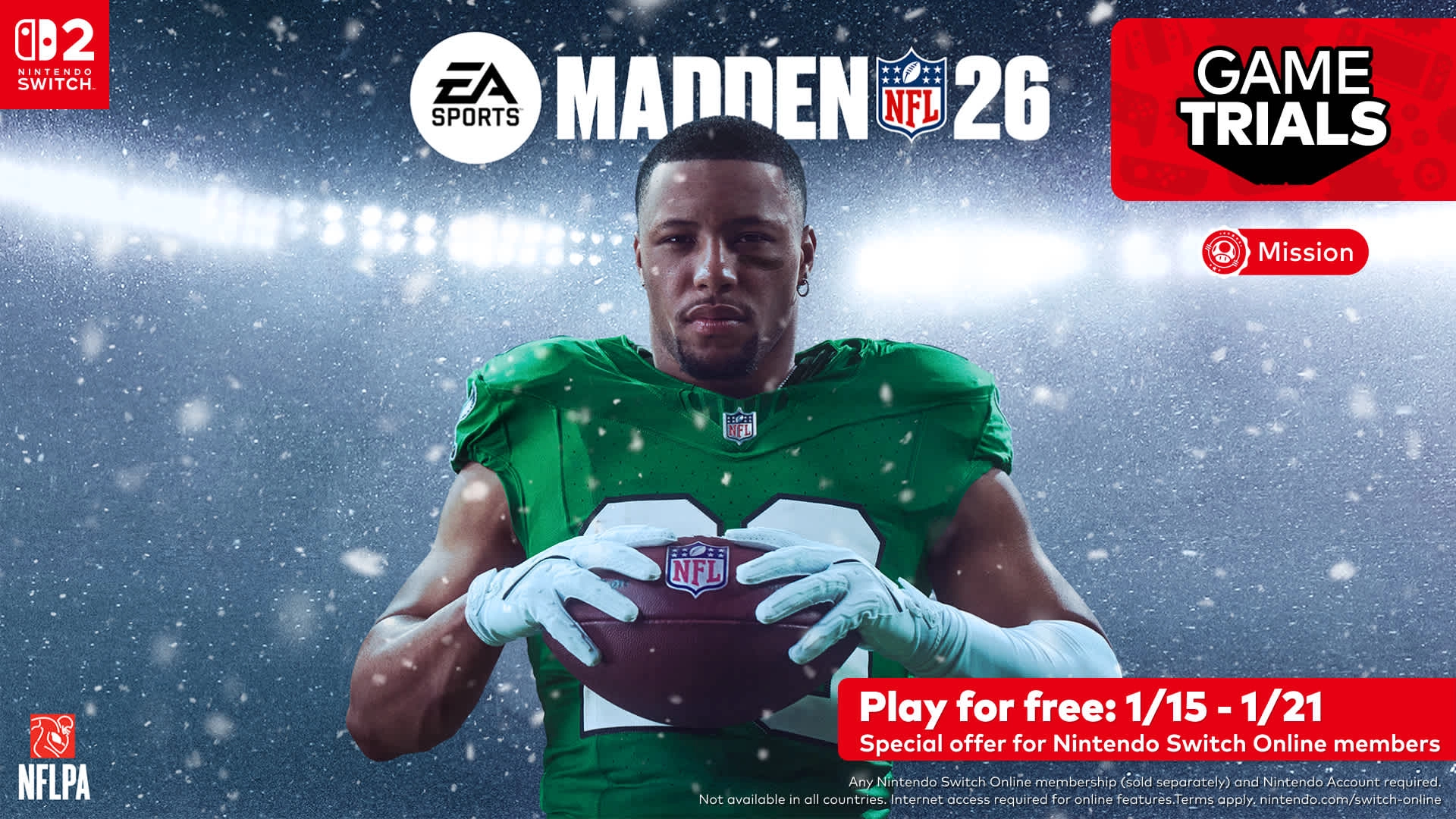 Football player in green jersey holding a ball, promoting Madden NFL 26 Game Trial for Nintendo Switch Online