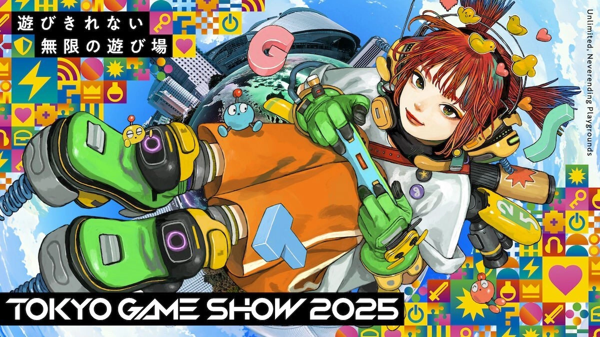 Colorful anime-style character with vibrant outfit and gadgets, promoting Tokyo Game Show 2025 event