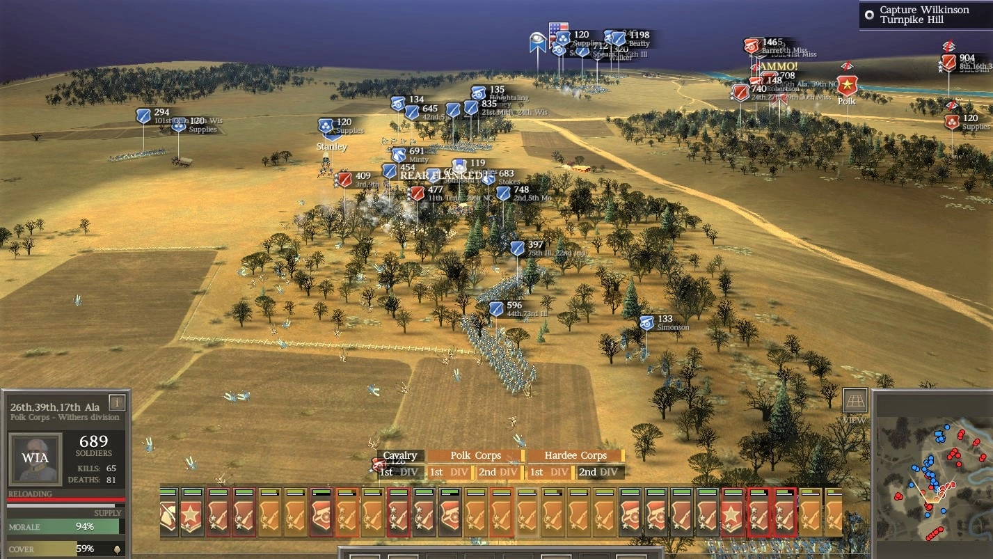 Tactical battlefield view from Ultimate General: Civil War, showcasing troop movements and strategic positions