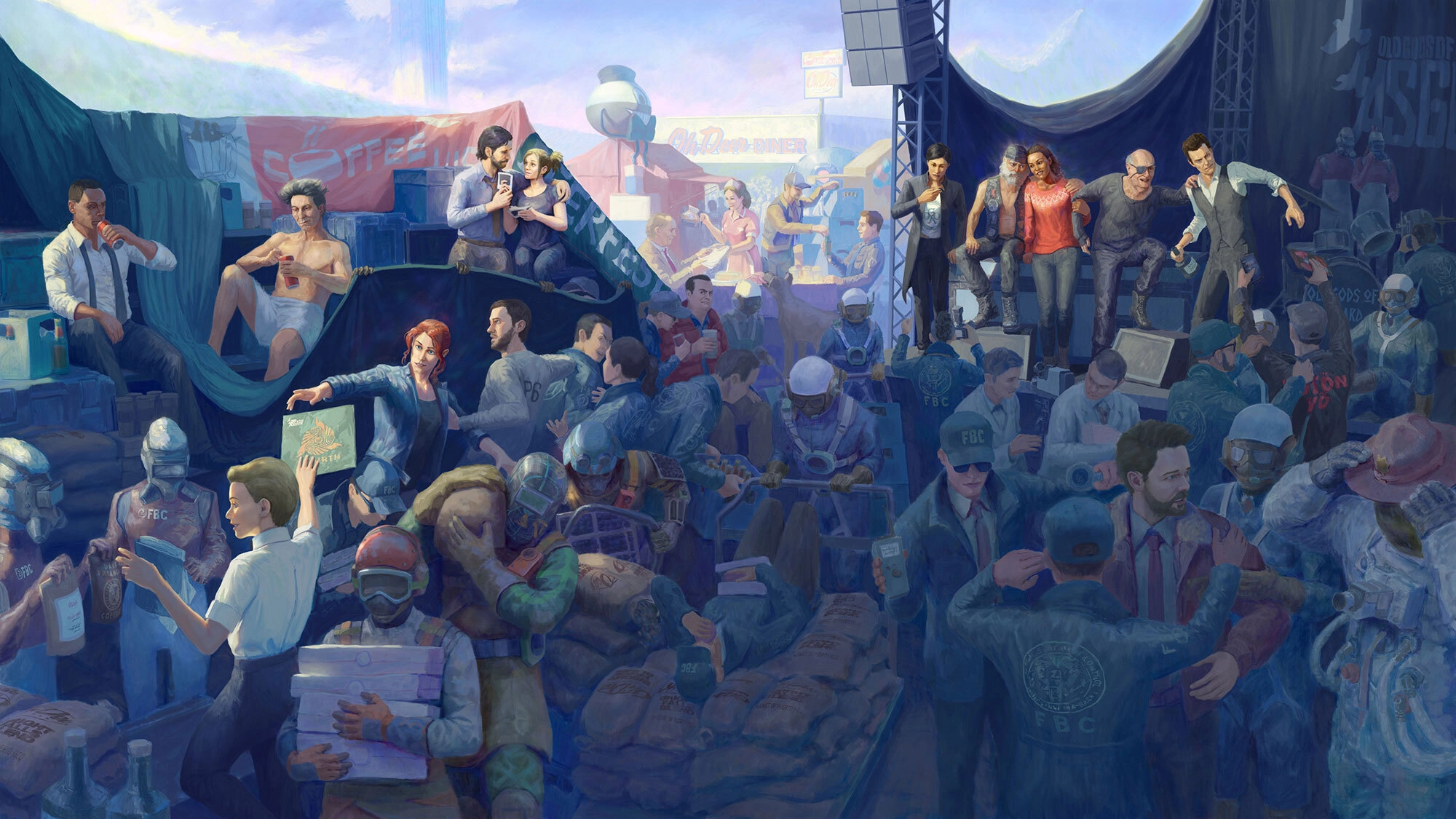 A vibrant scene after an Old Gods of Asgard concert featuring Remedy's original characters in celebration