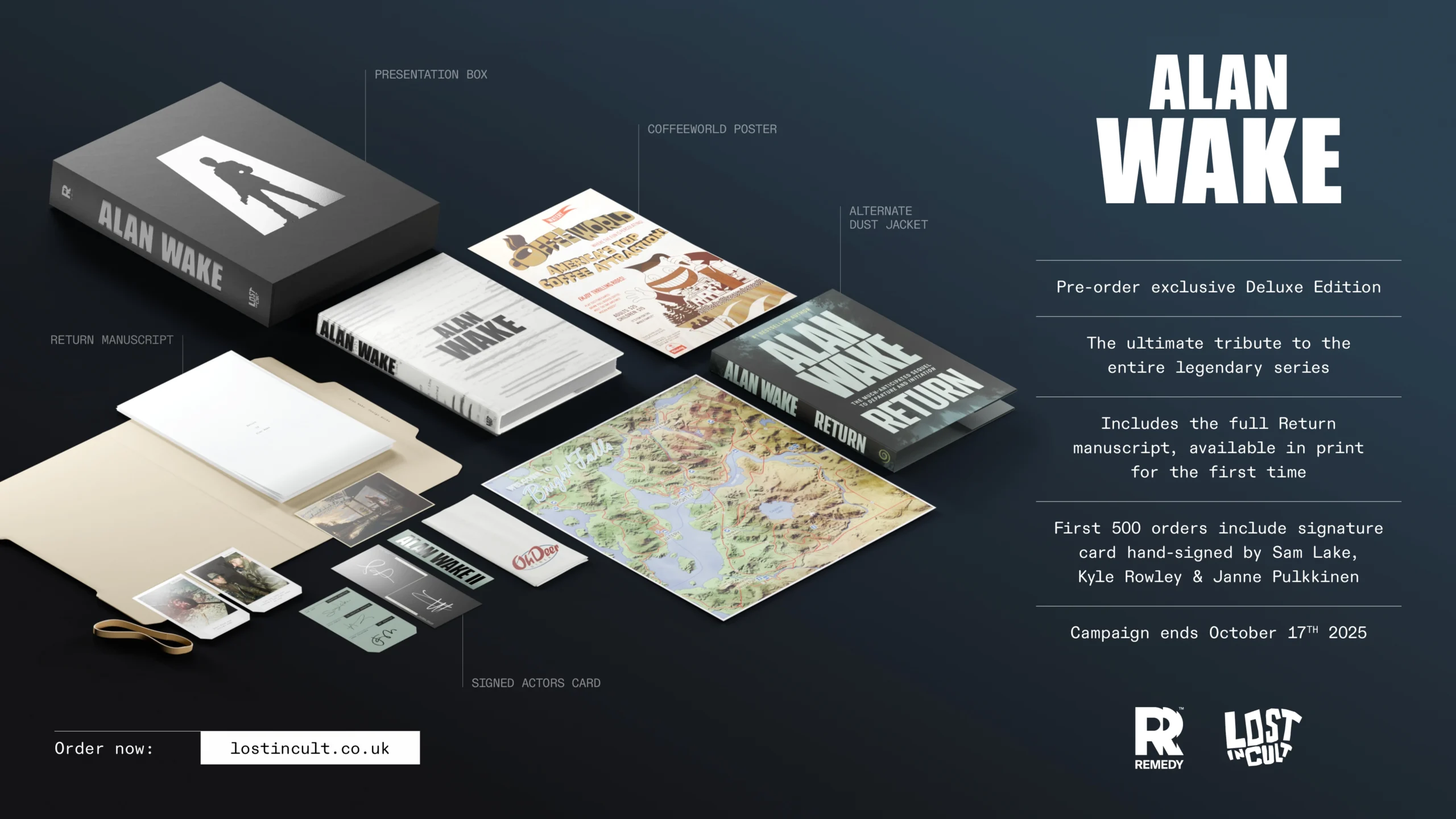 Alan Wake Deluxe Edition set with manuscript, map, postcards, and more, celebrating Remedy's 30th anniversary