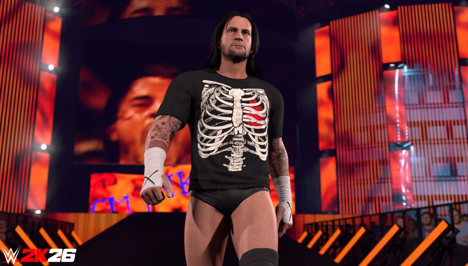 CM Punk enters the WWE 2K26 arena, wearing a skeleton shirt, ready to headline WrestleMania 41