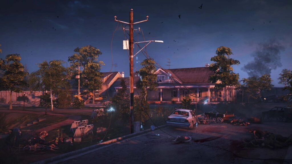 A suburban street in disarray, with abandoned cars, debris, and a dark, ominous sky above