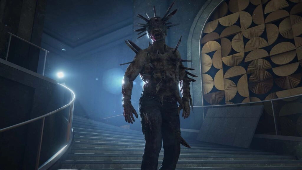 A menacing zombie with spikes emerges from shadows, set in a dimly lit, atmospheric environment