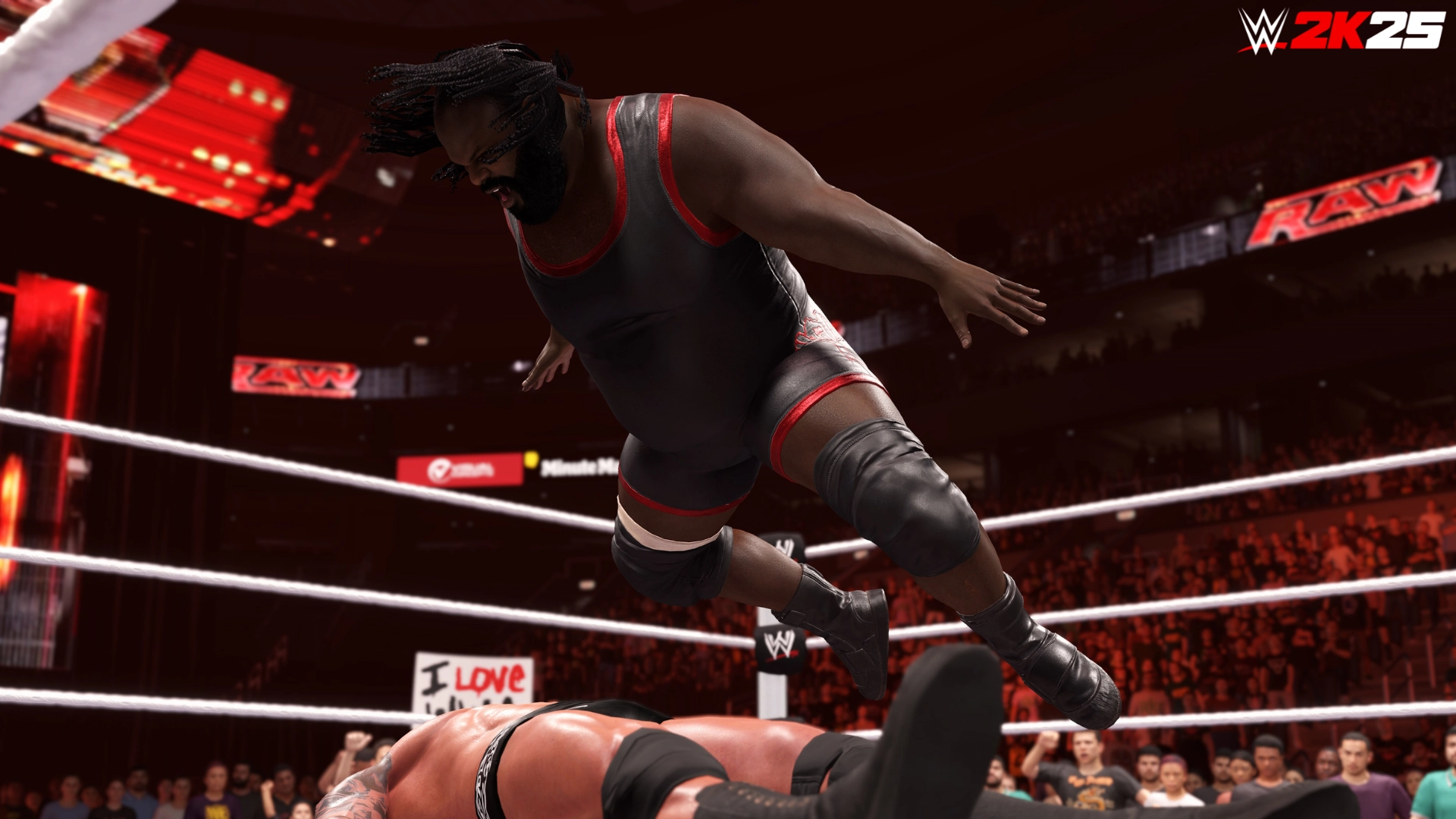 Mark Henry performing a powerful splash move on an opponent in WWE 2K25's Attitude Era DLC ring