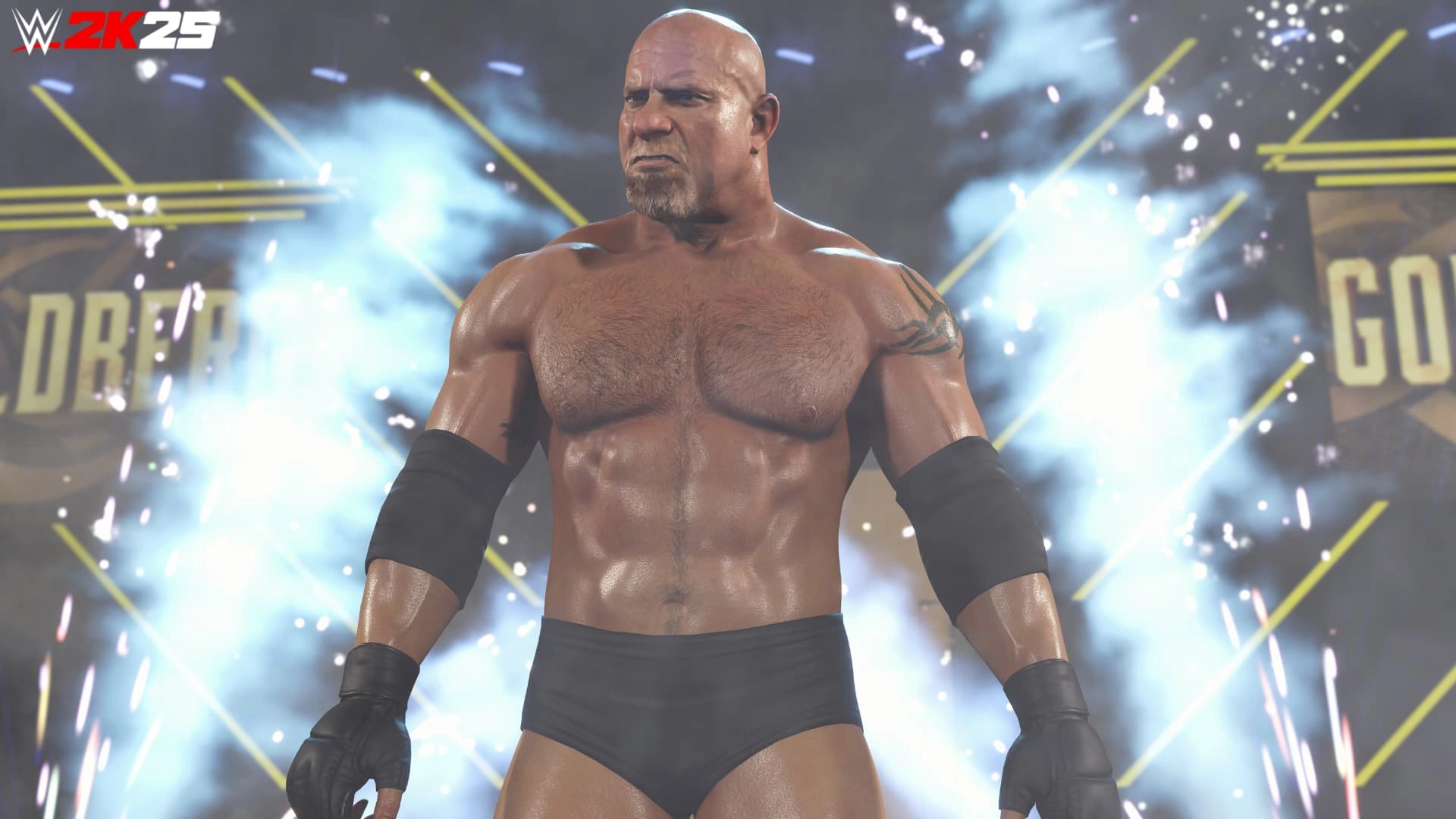 A muscular wrestler stands confidently in the ring, surrounded by dramatic smoke and lighting effects