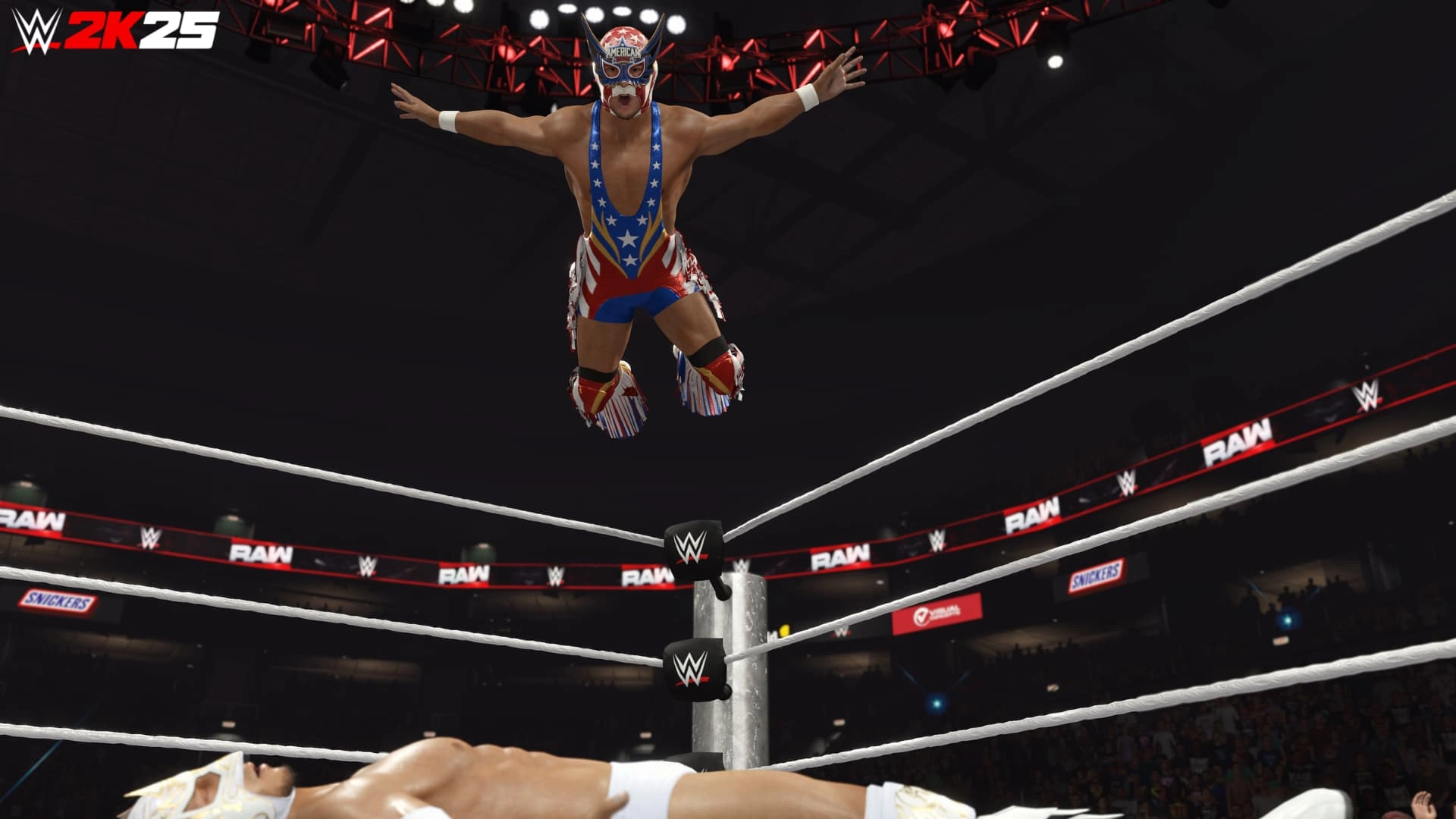 Wrestler in a colorful costume performs a high-flying move off the top rope in WWE 2K25 ring