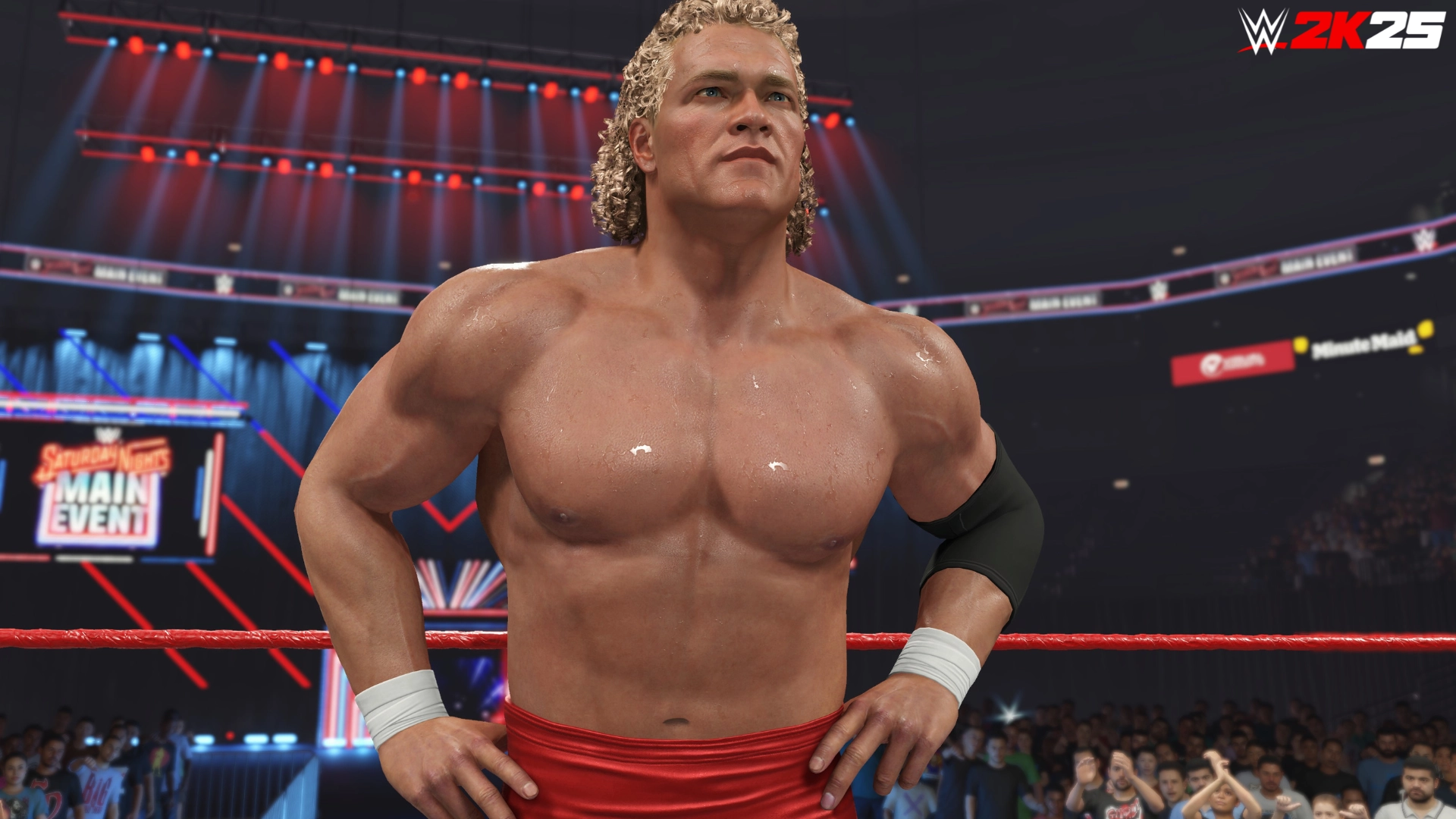 Wrestler in red trunks stands confidently in the ring, embodying the spirit of WWE's golden era