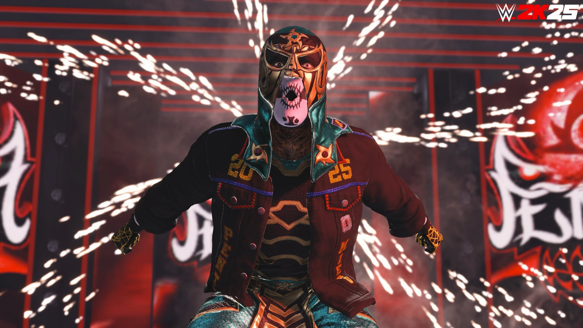 Wrestler in colorful attire and mask enters the ring with fireworks, promoting WWE 2K25 DLC pack