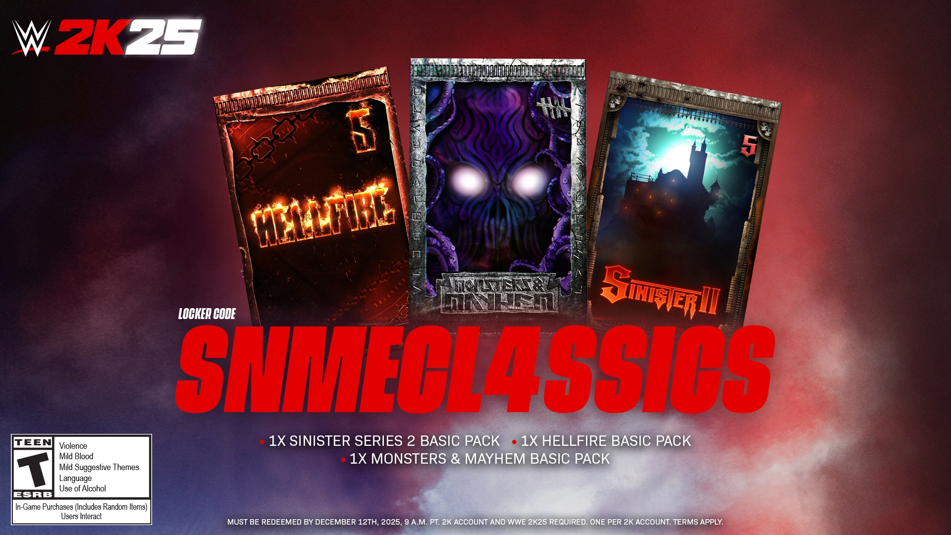 WWE 2K25 DLC cover featuring Hellfire, Sinister 2, and Monsters & Mayhem packs with SNMECLASSICS code