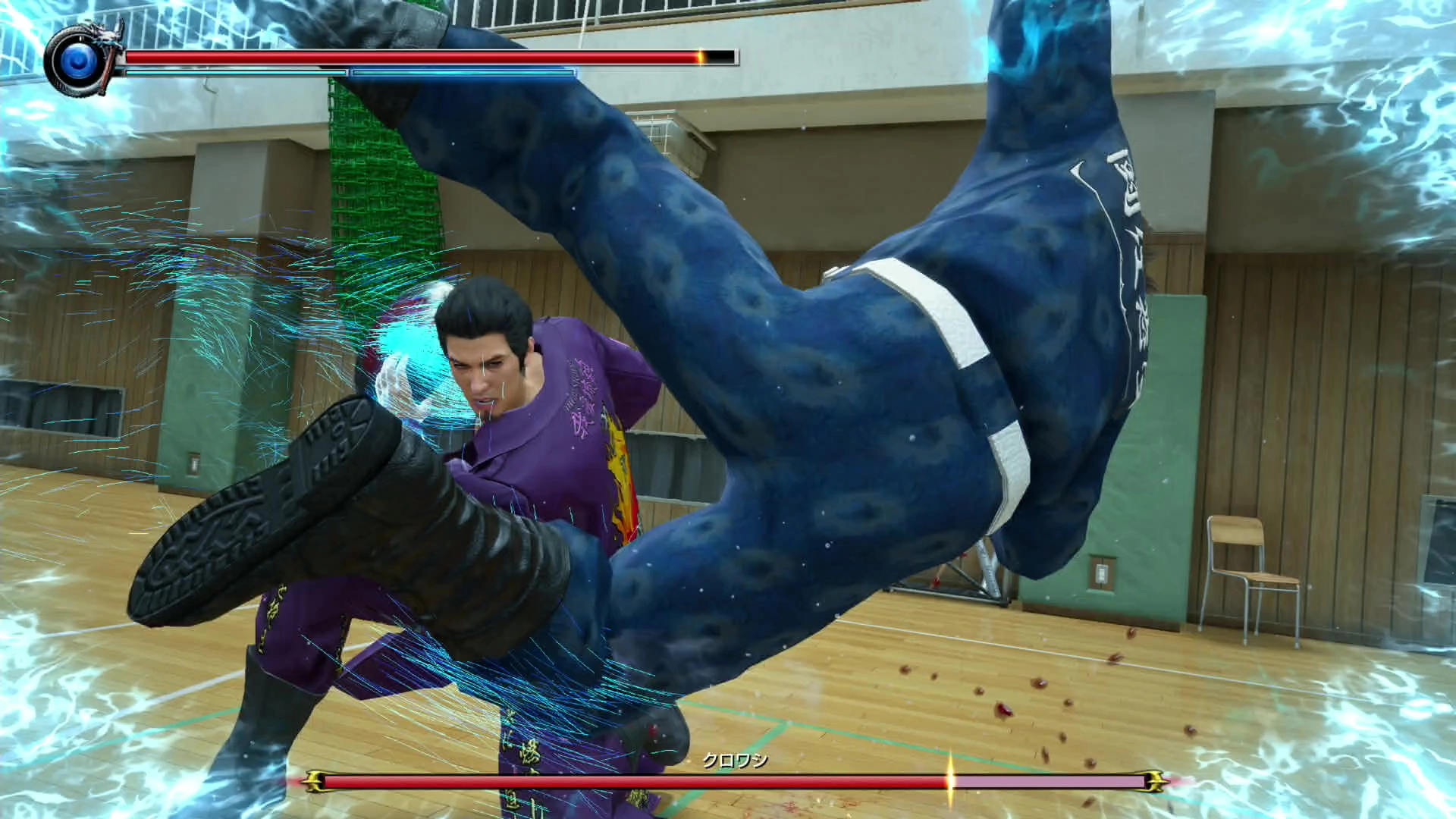 Kazuma Kiryu dodges a powerful kick from an opponent in a dynamic action scene from Yakuza Kiwami 3