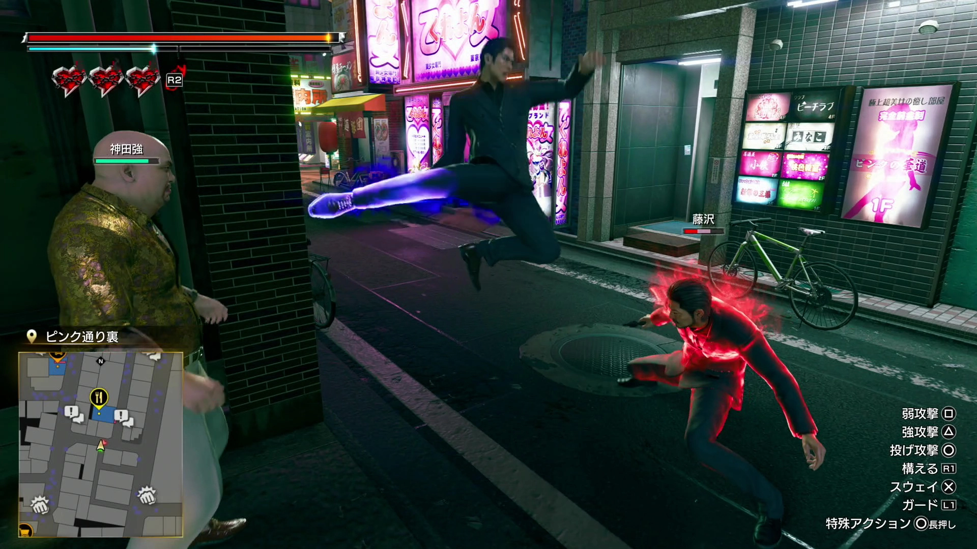A dynamic street fight scene from Yakuza Kiwami 3, featuring intense combat moves and vibrant neon lights