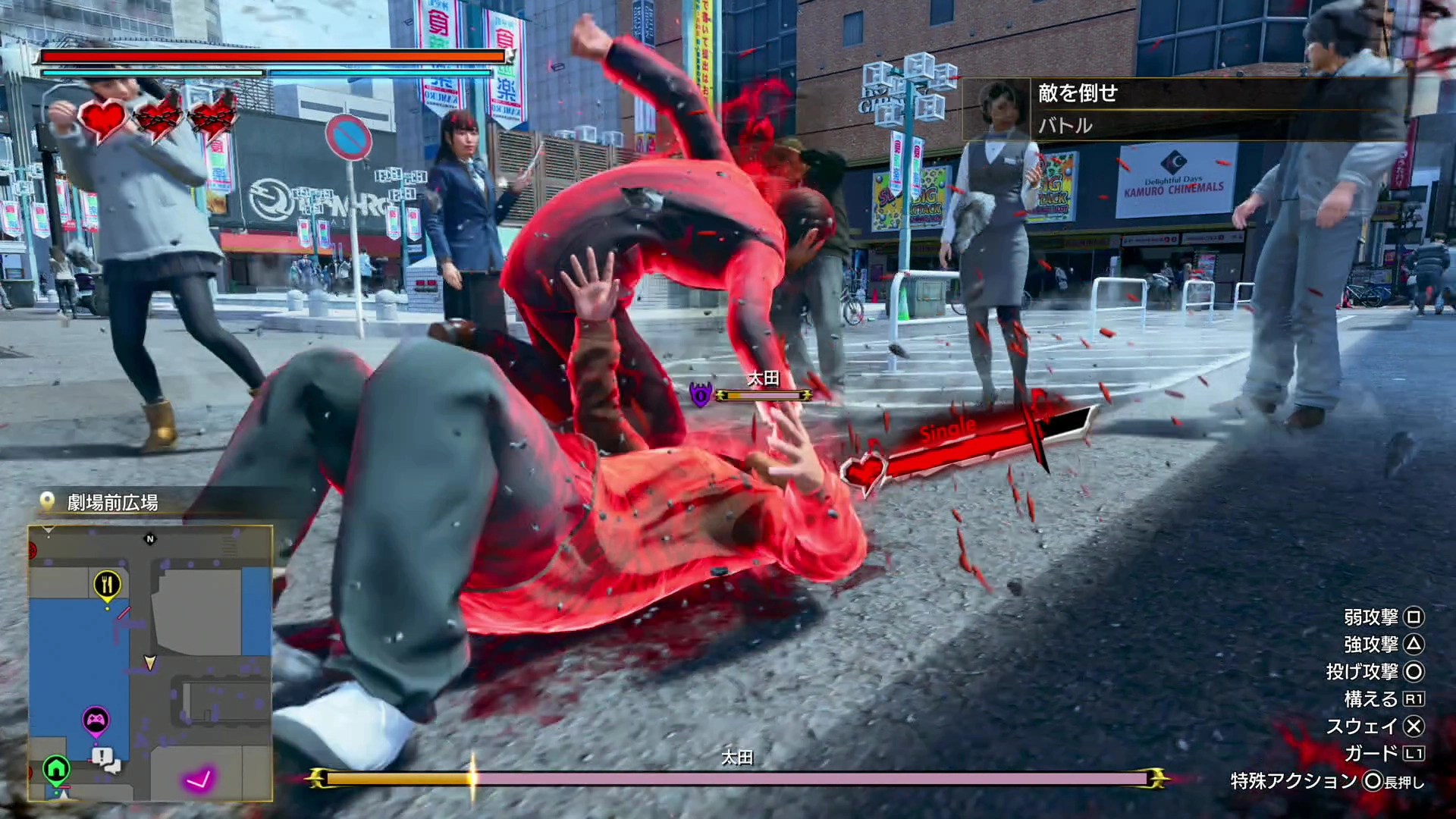 A dynamic street fight scene in Yakuza Kiwami 3, showcasing intense combat and vivid action effects