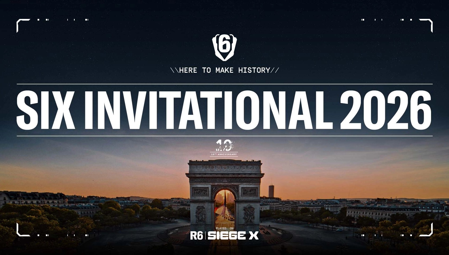 Six Invitational 2026 banner with Arc de Triomphe, celebrating Rainbow Six Siege esports event in Paris