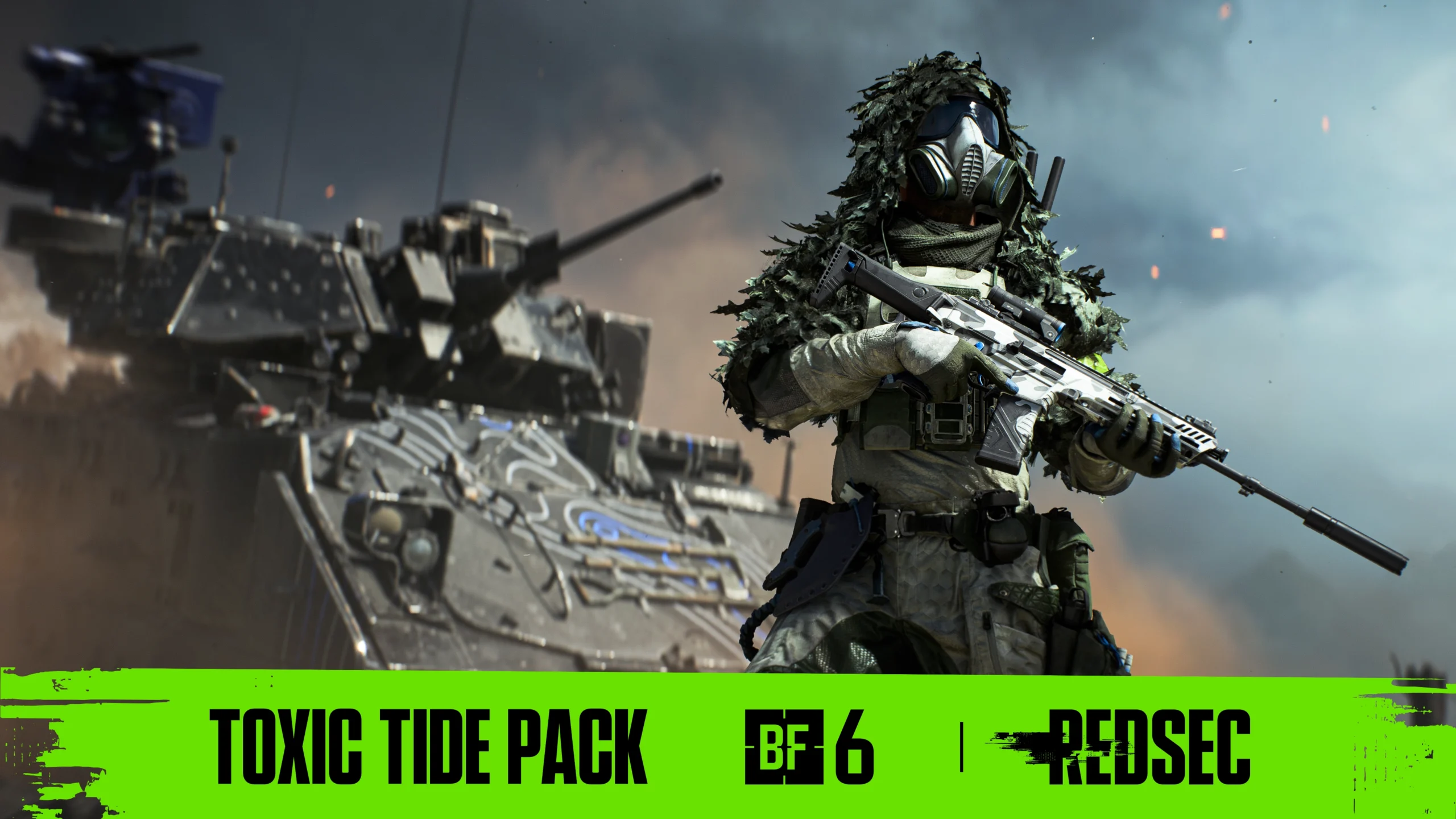 Soldier in camo gear holding a rifle stands in front of an armored vehicle, promoting Toxic Tide Pack