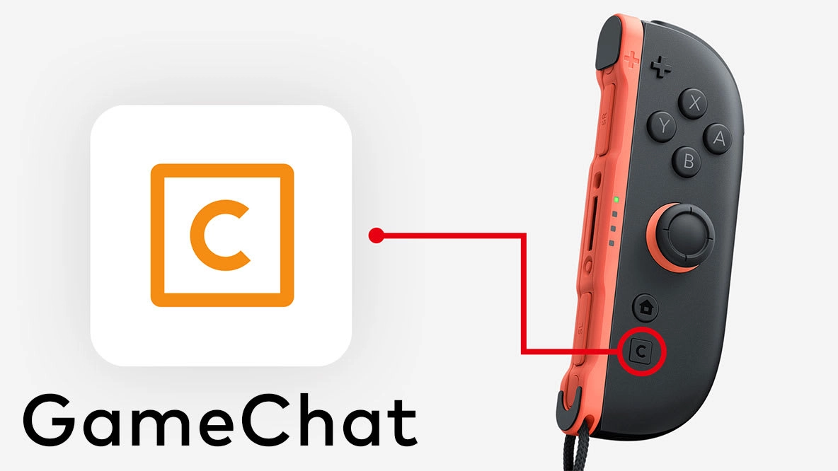 Nintendo Switch 2 Joy-Con with highlighted C Button next to GameChat logo on a white background