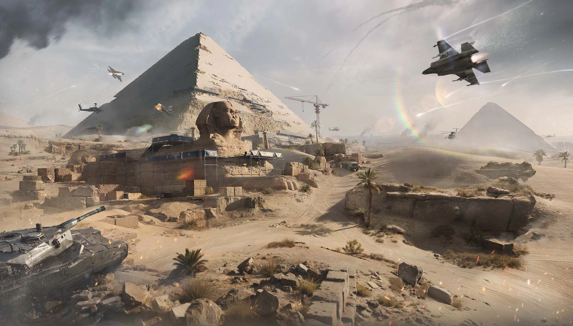 Desert battlefield with pyramids, fighter jets, tanks, and helicopters in action under a cloudy sky