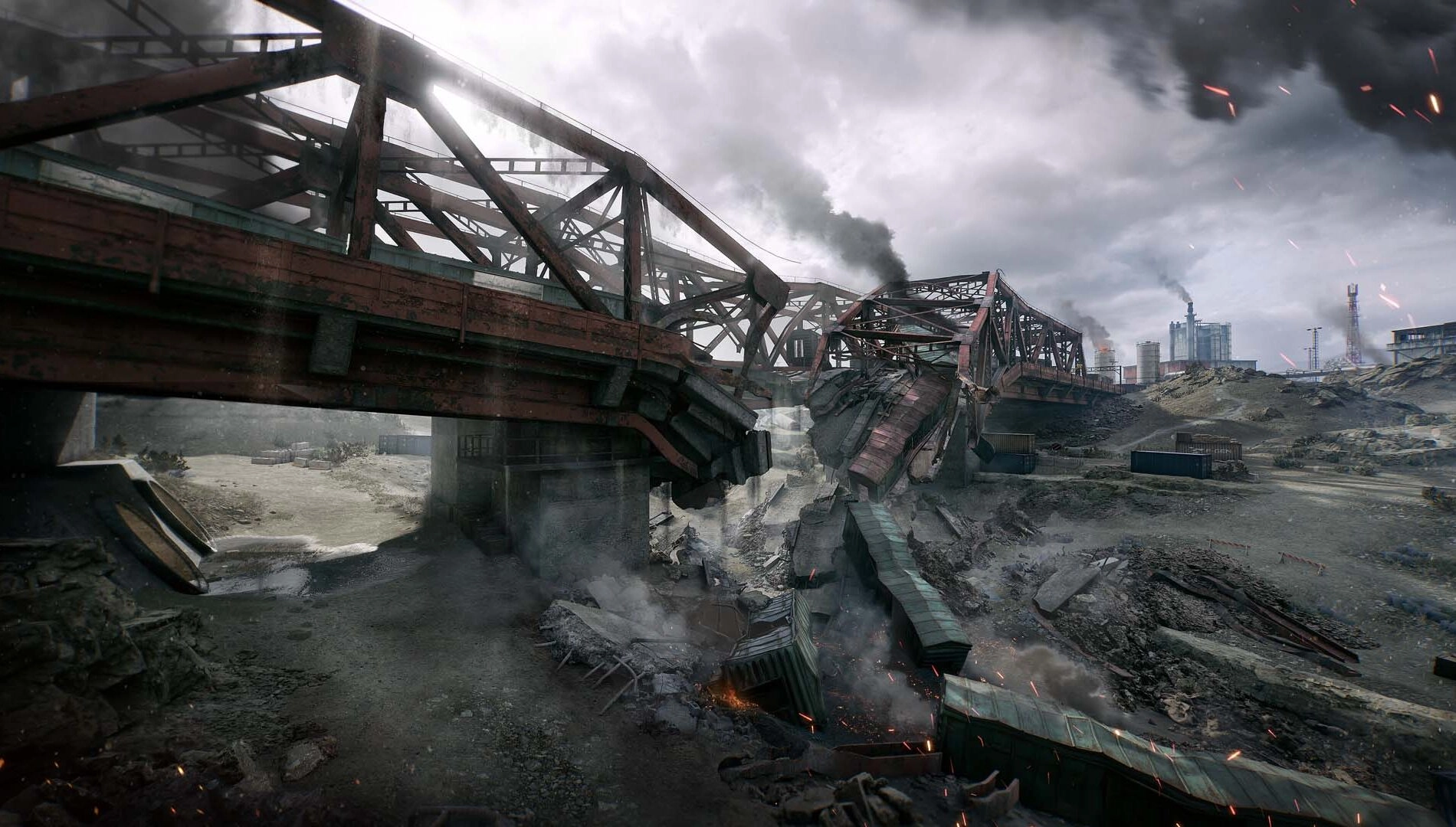 A destroyed bridge in a post-apocalyptic landscape, with smoke rising and debris scattered around
