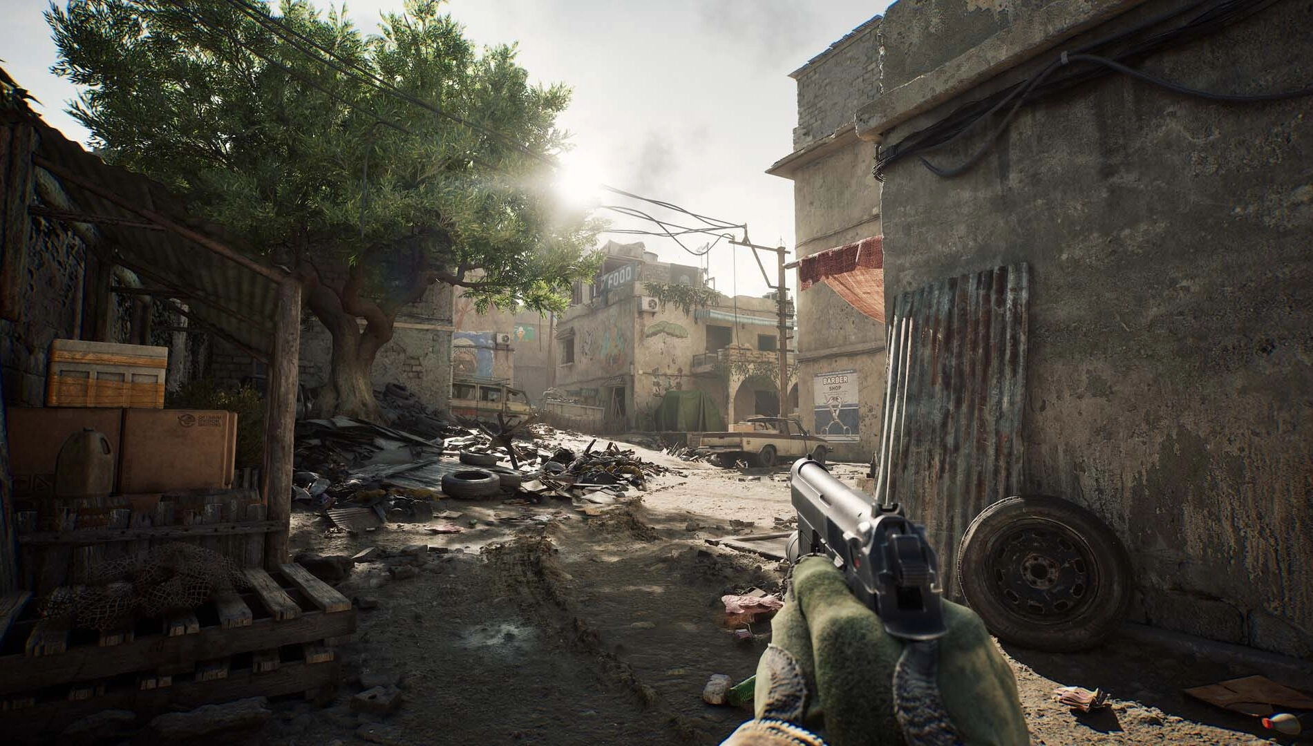 Player holding a pistol in a war-torn urban environment, showcasing Delta Force's new Fiery Owl Hunt mode