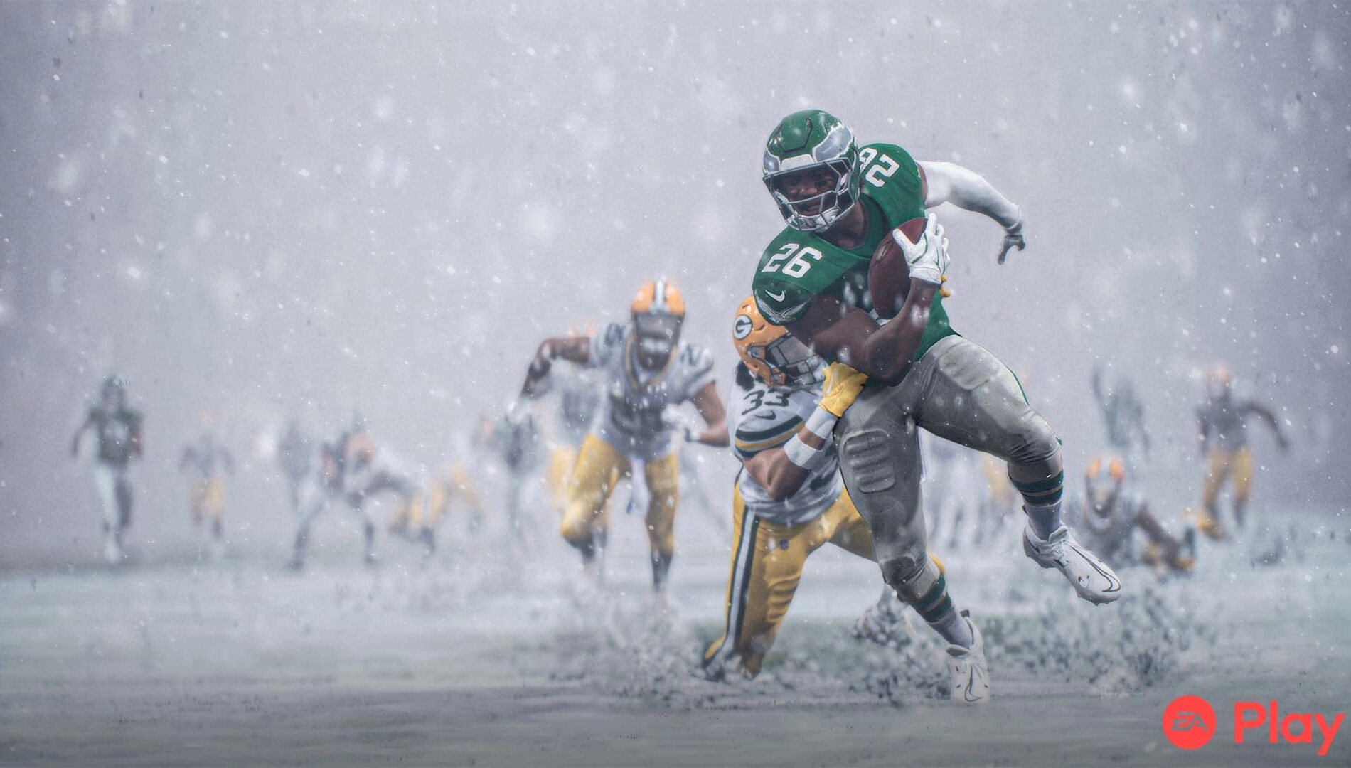 Football player in green jersey dodging opponents in a snowy field, showcasing Madden NFL 26 gameplay