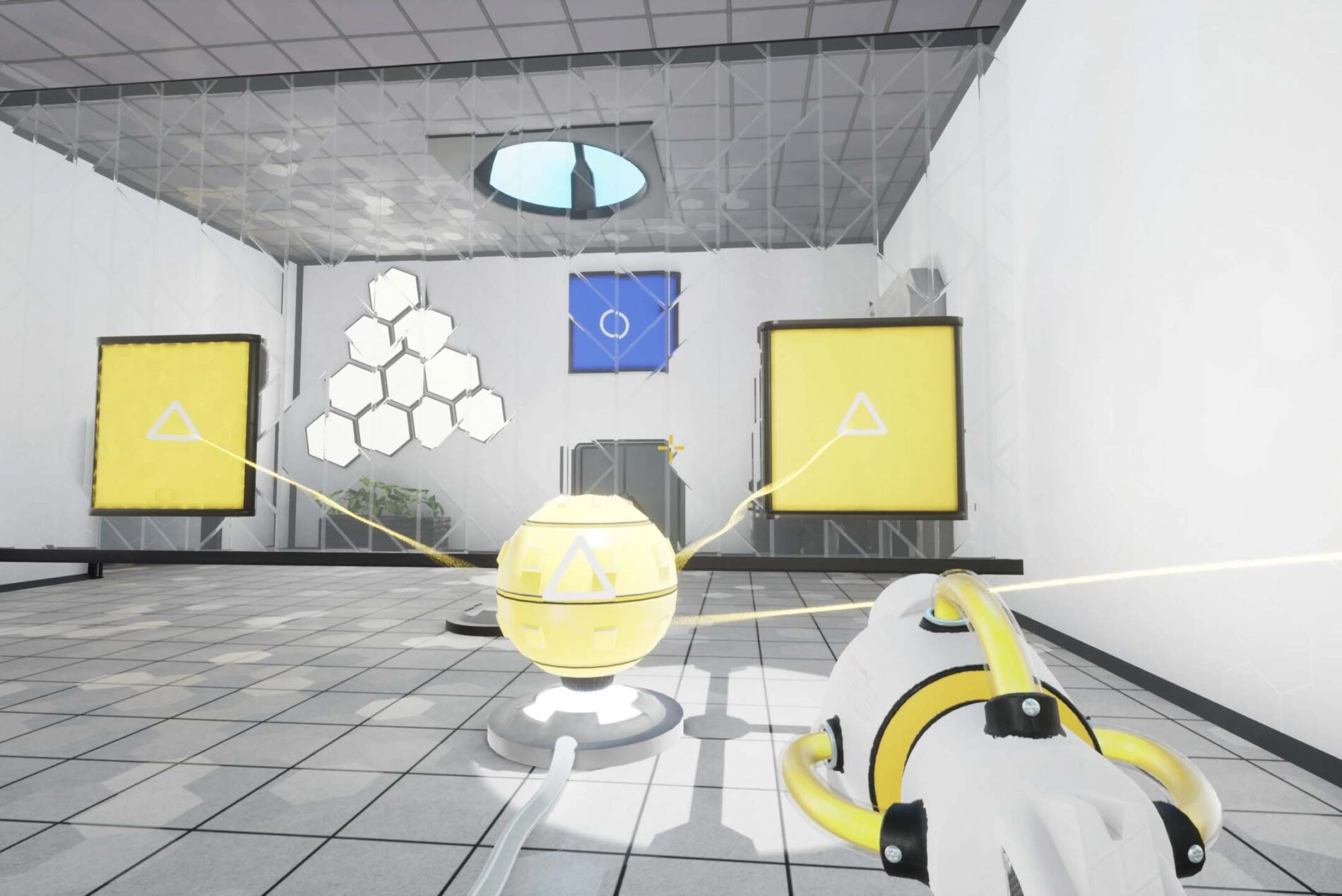 A futuristic room with a ChromaGun aiming at a yellow sphere, surrounded by geometric symbols and panels