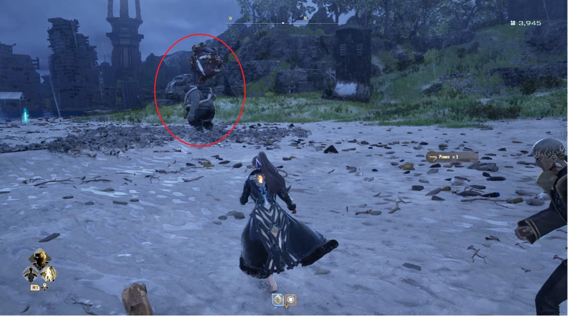 A character in a dark cloak approaches a large enemy on a sandy battlefield in Code Vein II game scene