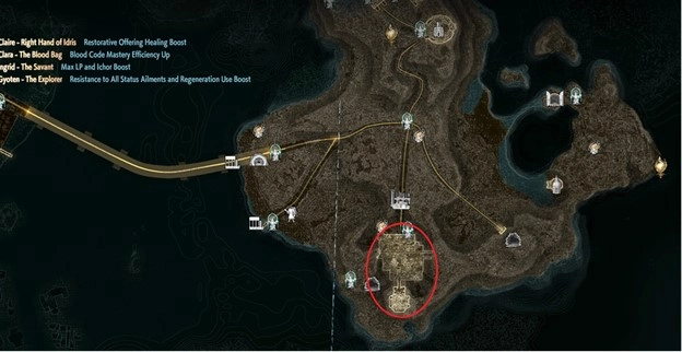 Map of MagMell Island showing key locations and enemy farming spots for Code Vein II strategies