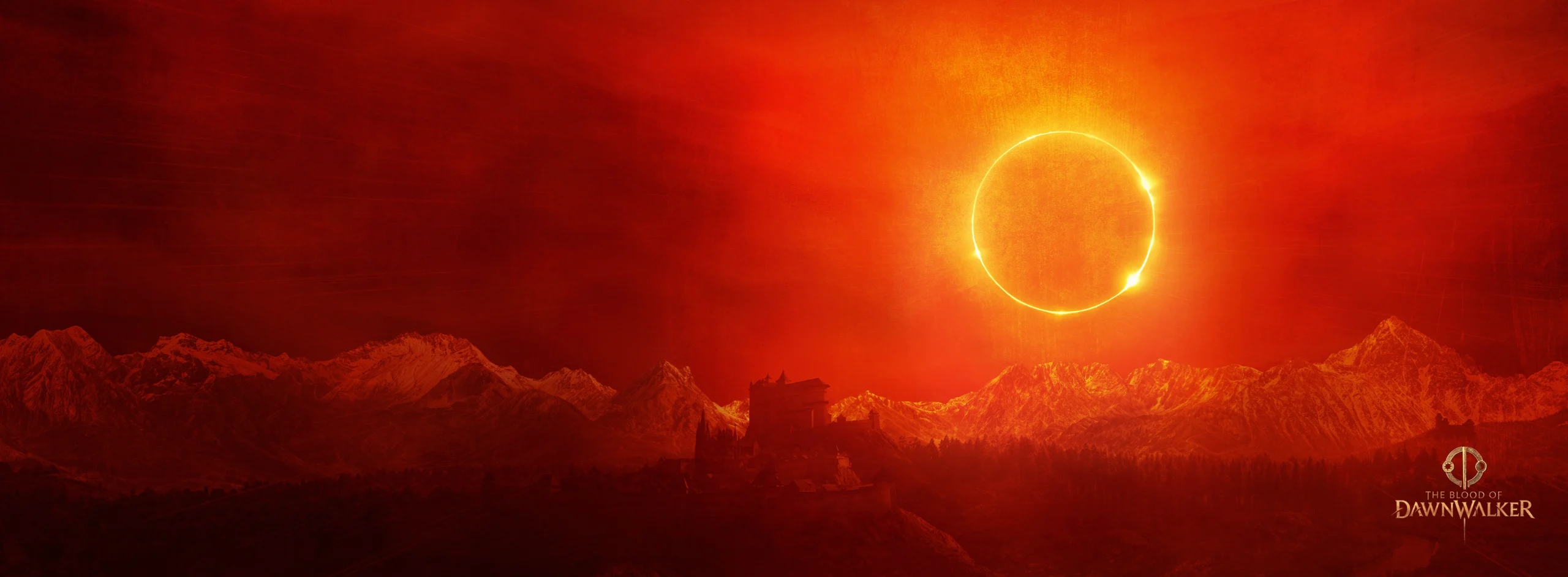 A vivid eclipse over Vale Sangora's mountains, with Svartrau Castle silhouetted against a fiery orange sky