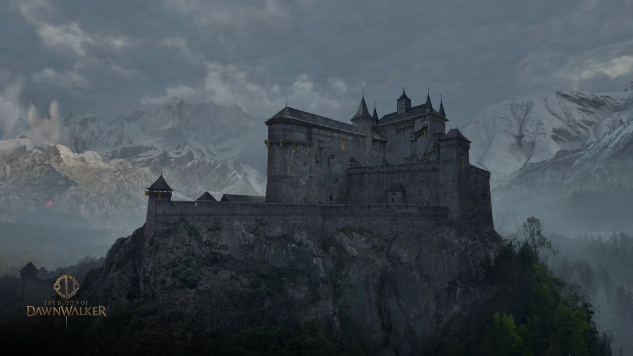 A grand castle perched on a rocky cliff, surrounded by misty mountains under a cloudy sky in Vale Sangora