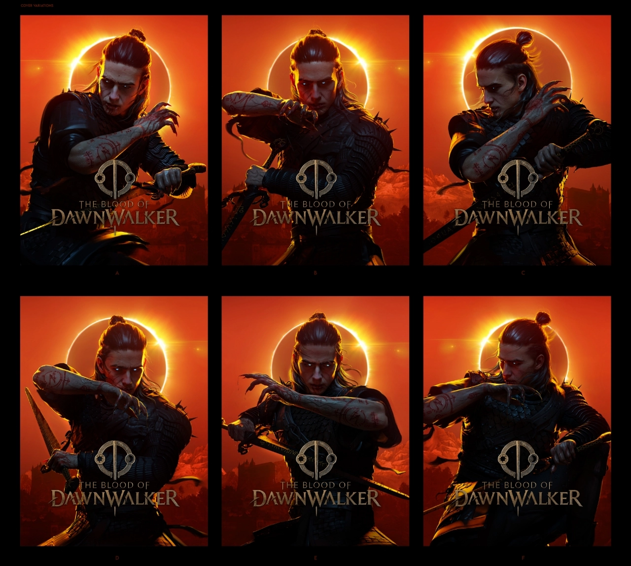 Coen, a Dawnwalker, stands with a sword and runes, set against a warm orange eclipse in Vale Sangora