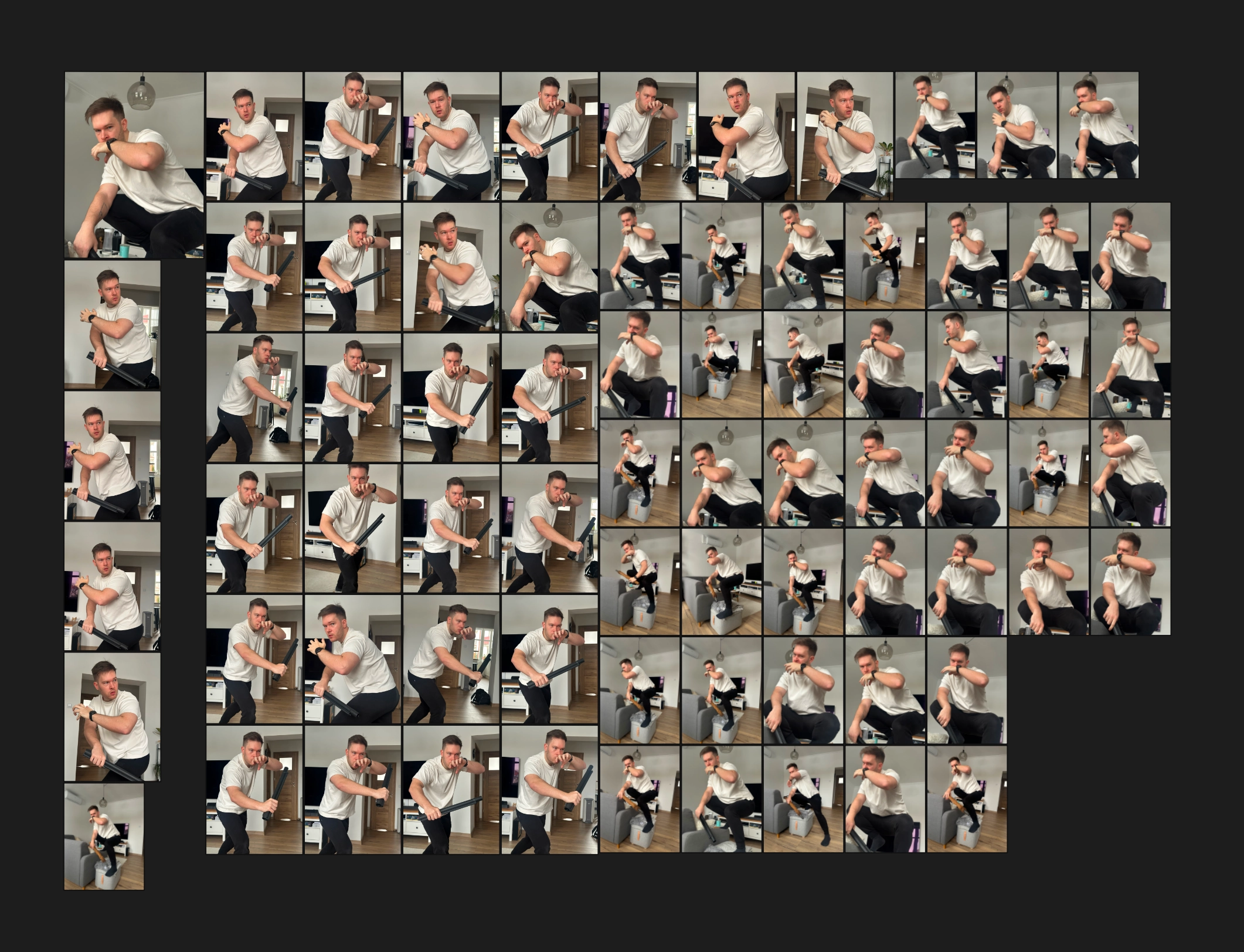 Man in white shirt and black pants posing in various positions in a grid layout, showcasing dynamic expressions