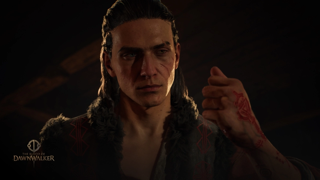 Coen gazes intently, his left arm marked with magical runes, symbolizing his dual nature in Dawnwalker art