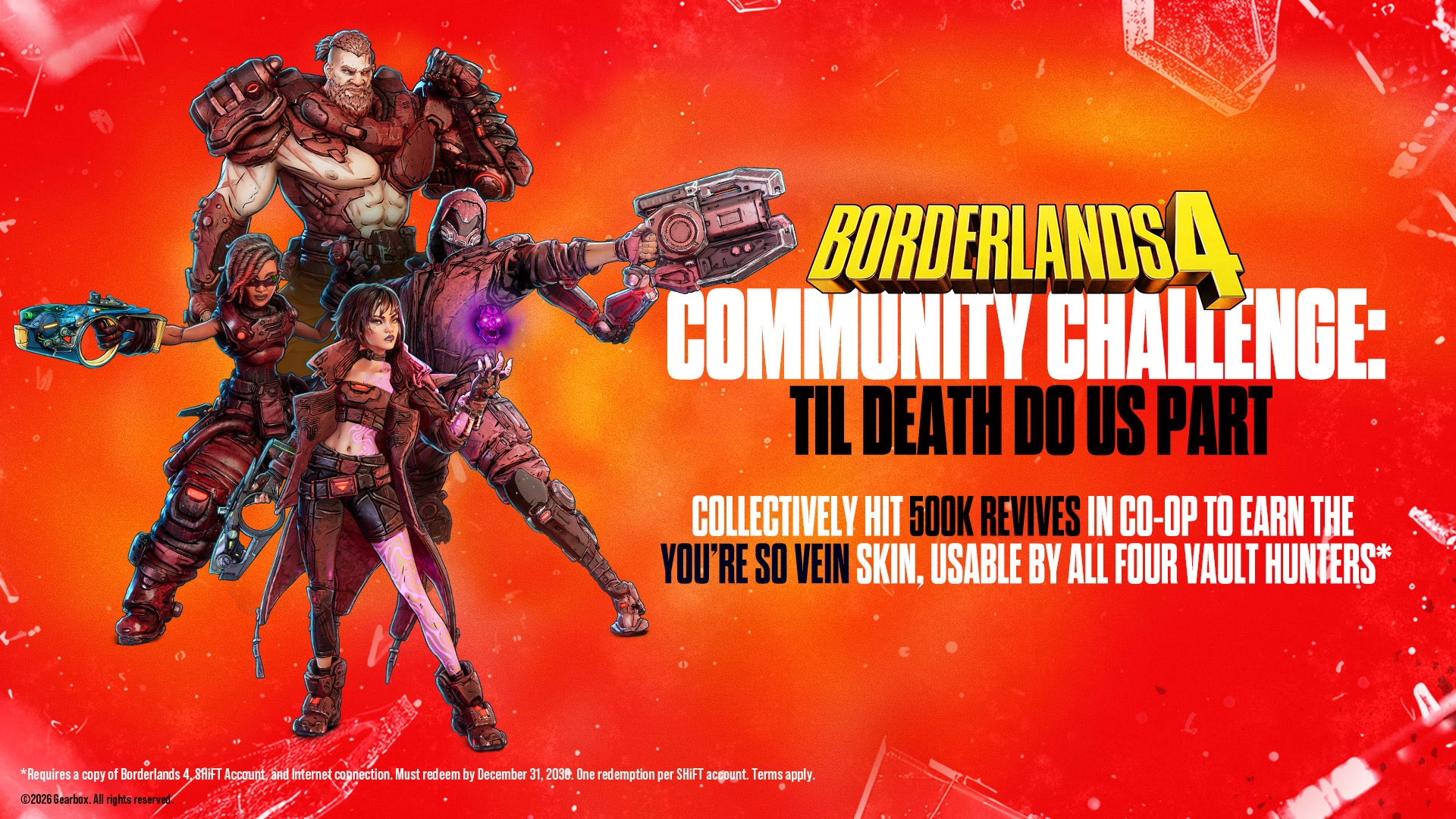 Borderlands 4 characters ready for action with weapons, promoting the Til Death Do Us Part challenge