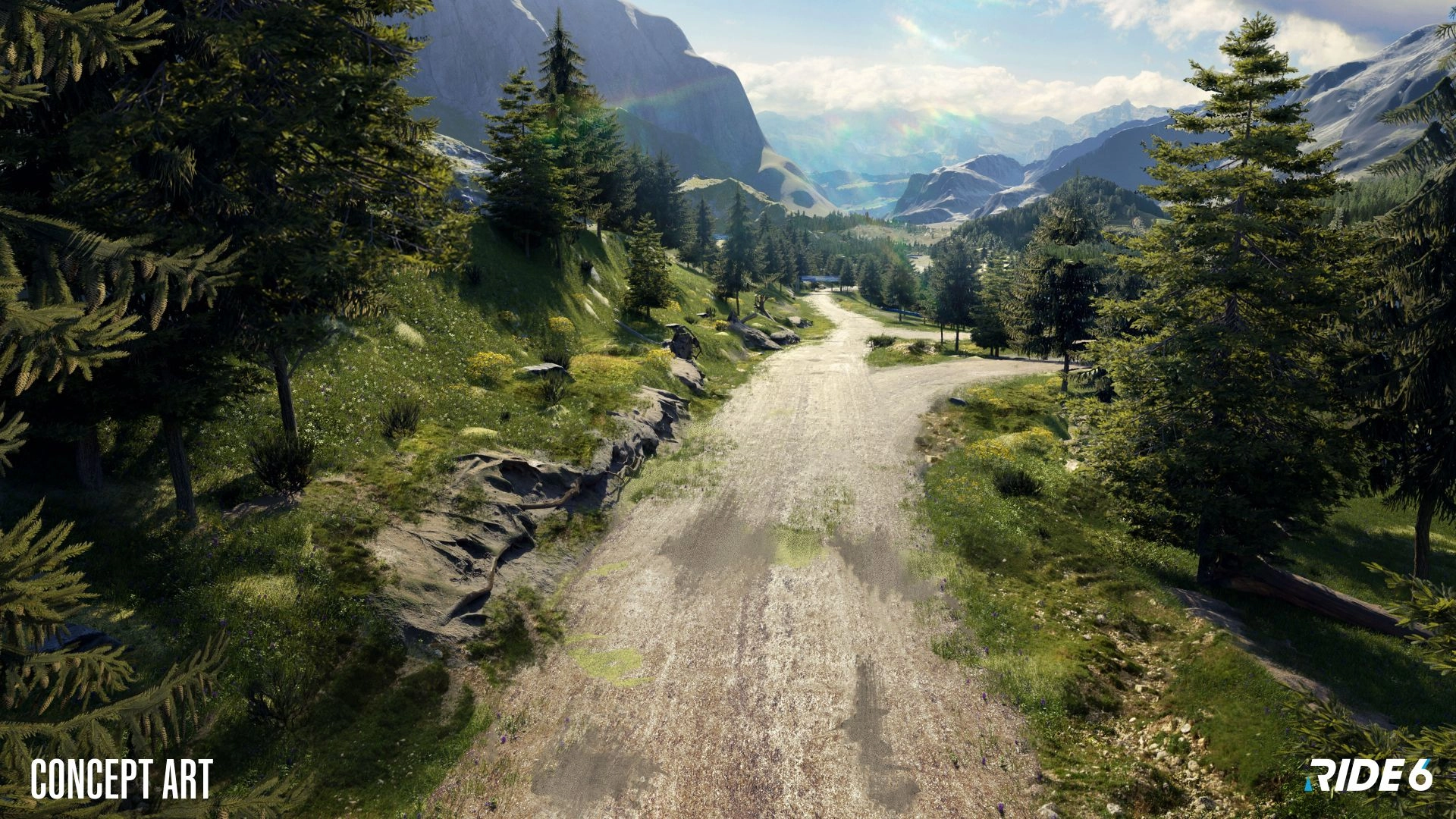 Mountainous track concept art for Ride 6, showcasing lush greenery and winding road under a clear sky