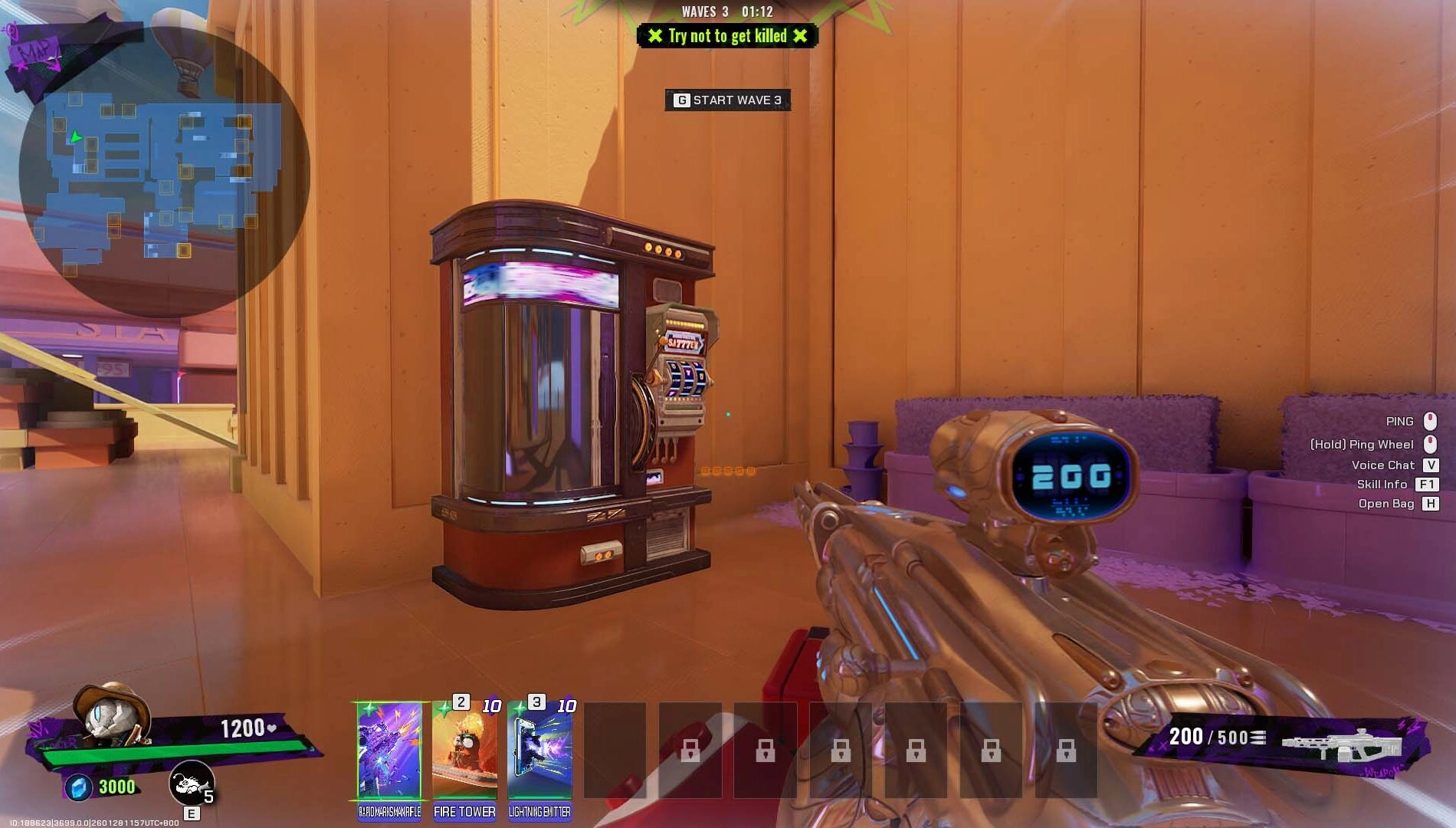 First-person view in FragPunk game, showcasing a futuristic weapon and interface in a vibrant indoor setting