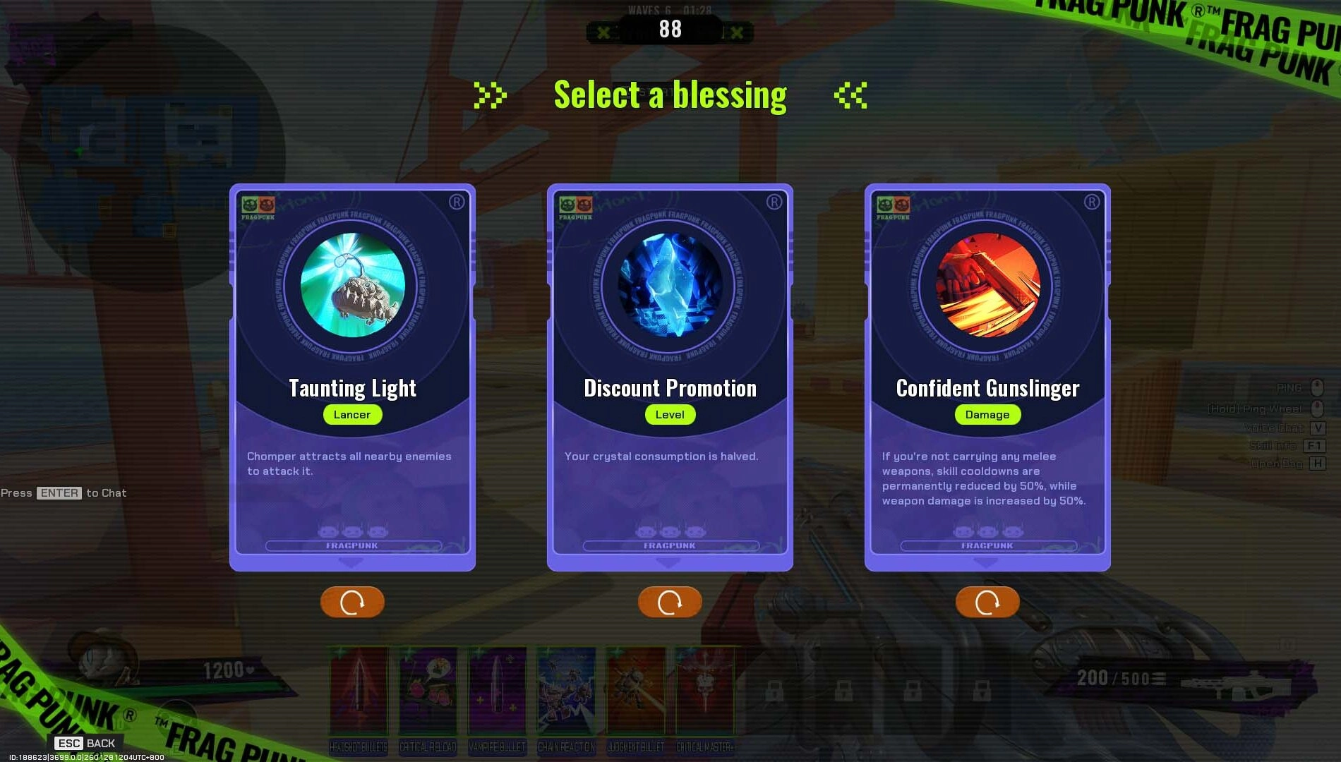 Game interface showing three selectable blessing cards: Taunting Light, Discount Promotion, Confident Gunslinger