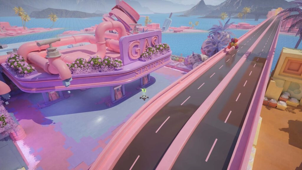 Futuristic pink gas station in a vibrant, colorful landscape, featuring palm trees and a long highway bridge
