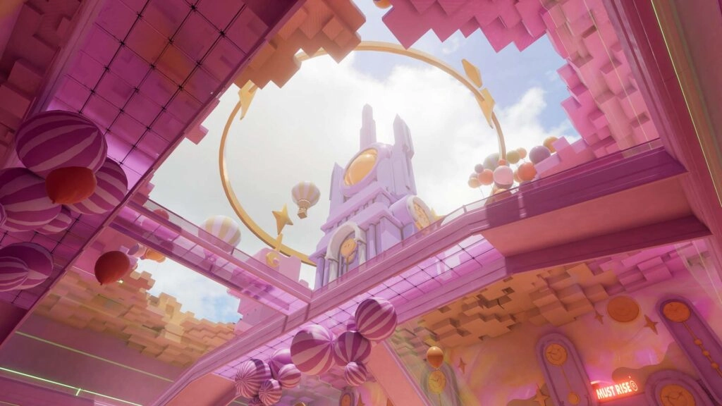 Colorful, whimsical game environment with pink structures and floating balloons, celebrating FragPunk's anniversary