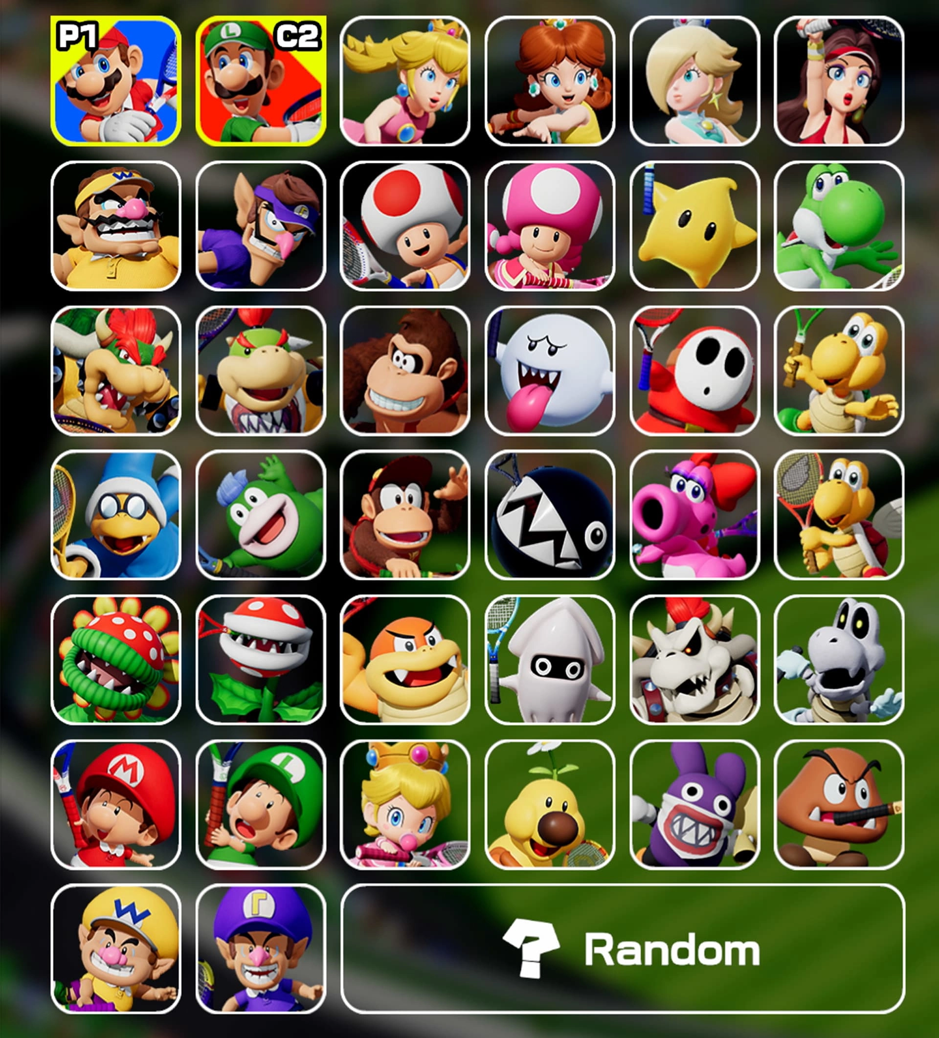 Mario Tennis Fever character roster featuring 38 Mushroom Kingdom characters for Nintendo Switch 2
