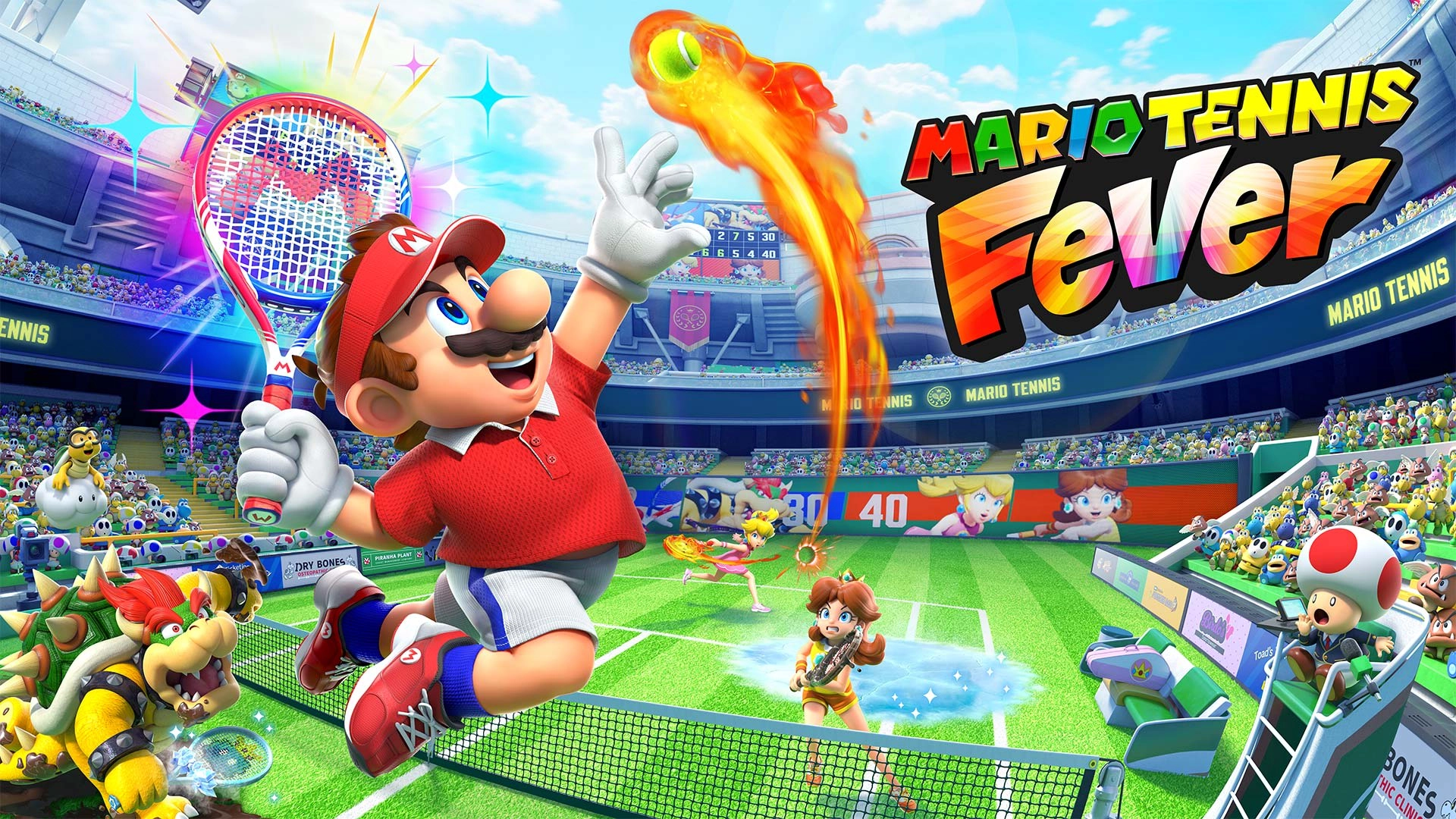Mario and friends playing tennis on a vibrant court, showcasing the excitement of Mario Tennis Fever