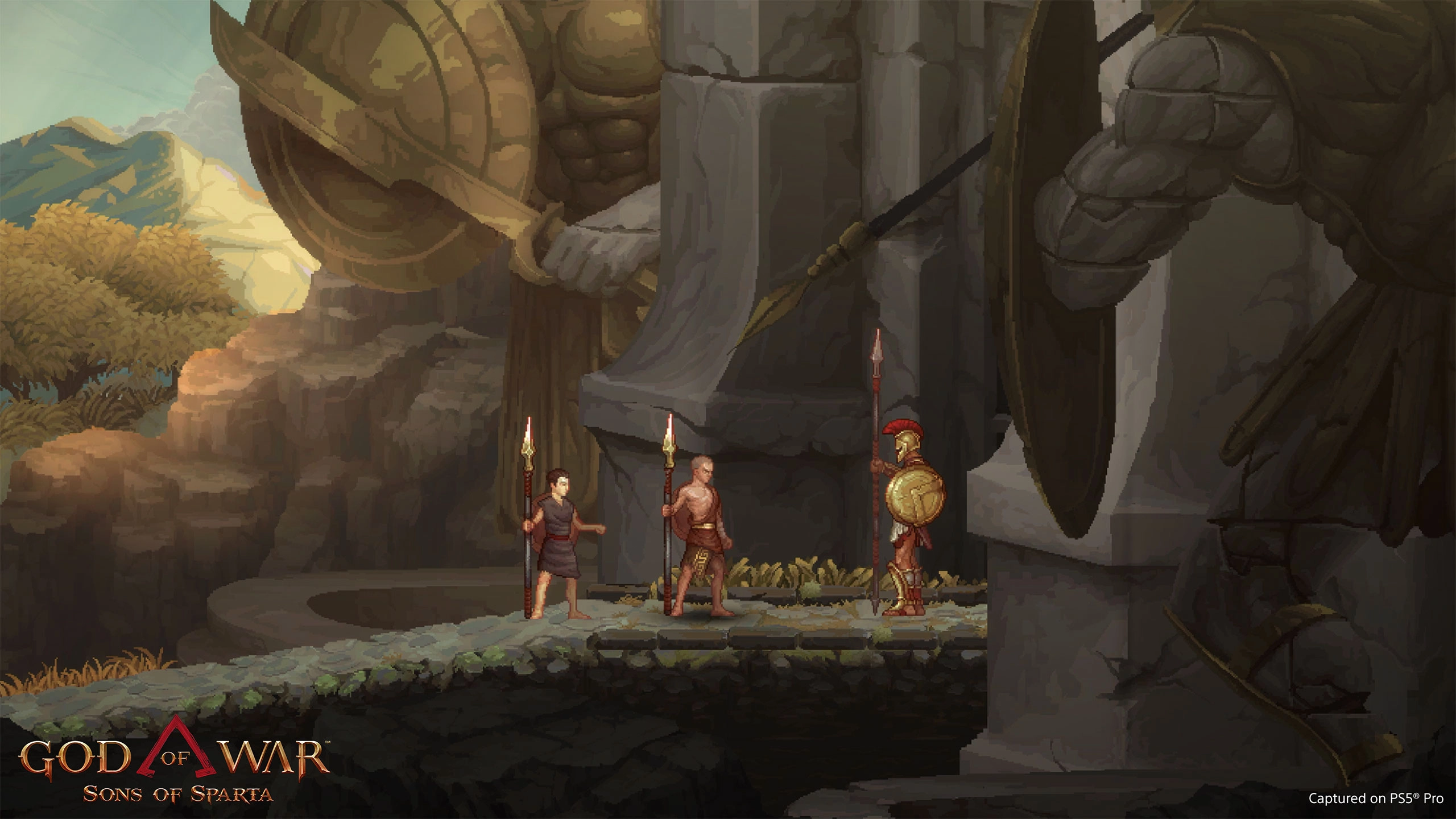 Kratos and Deimos stand ready with spears in a 2D retro-inspired scene from God of War Sons of Sparta game