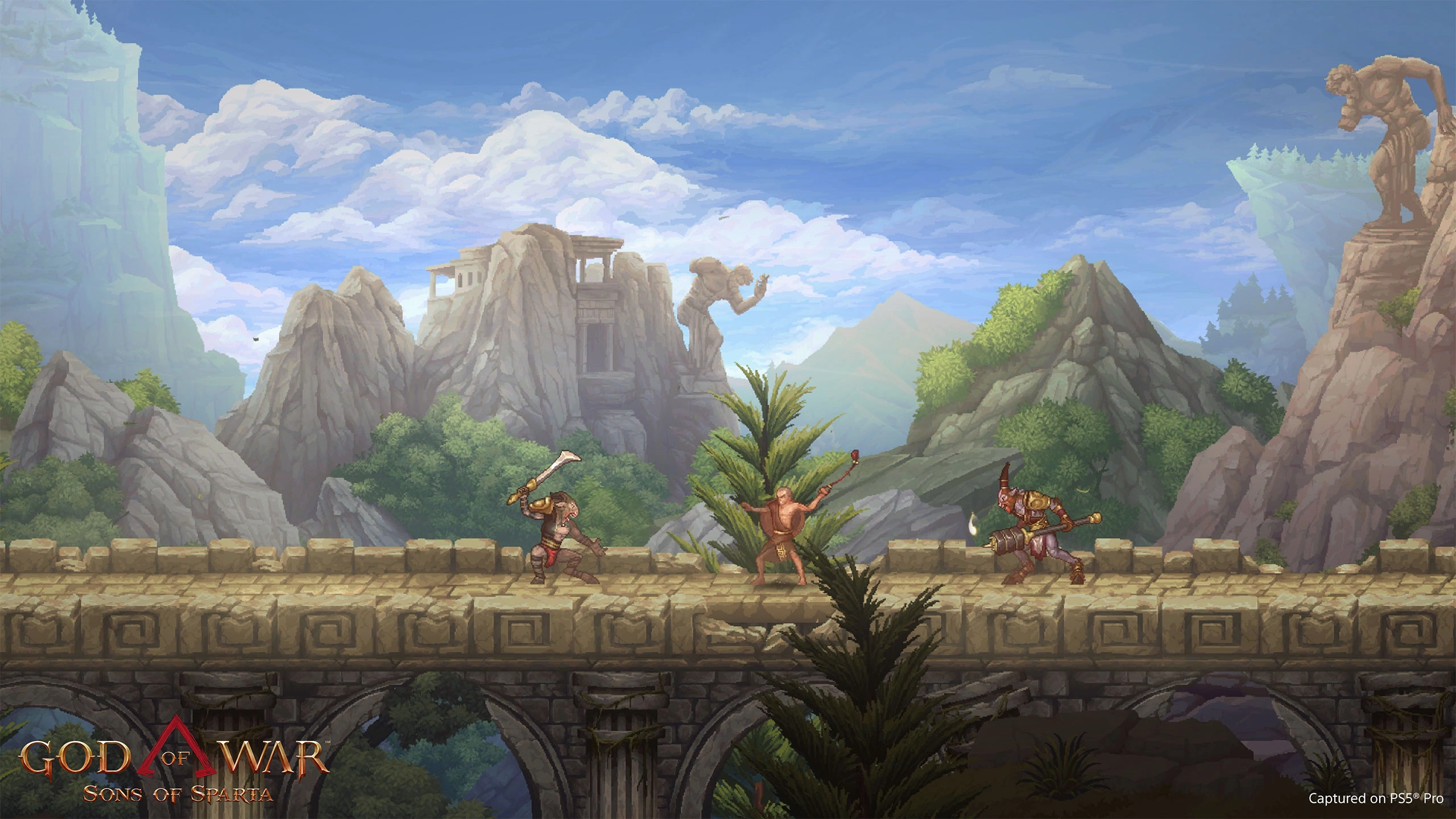 Two warriors battle on a stone bridge in a lush, mountainous landscape from God of War Sons of Sparta