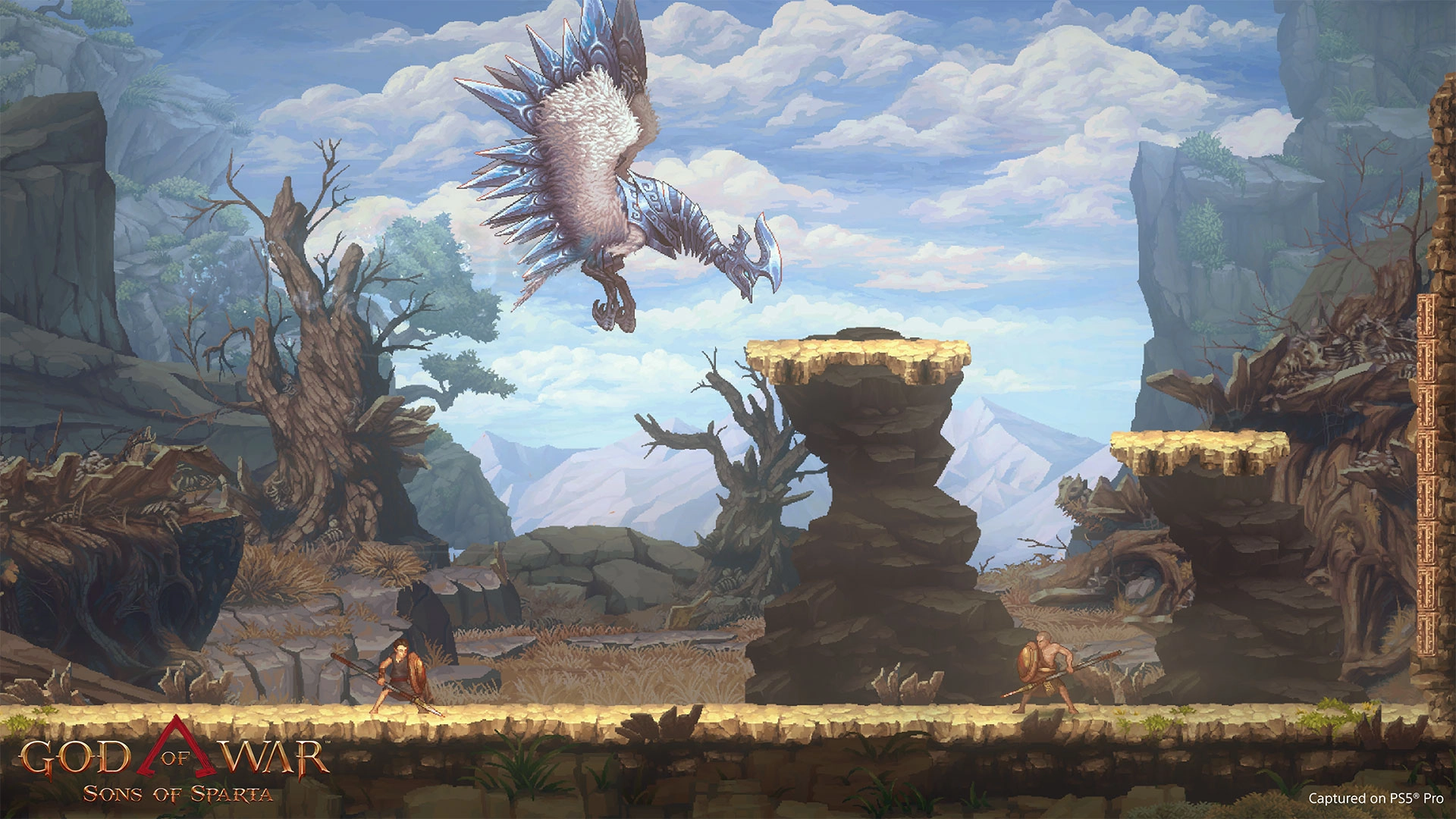 A majestic winged creature soars above rocky platforms in a 2D landscape from God of War Sons of Sparta