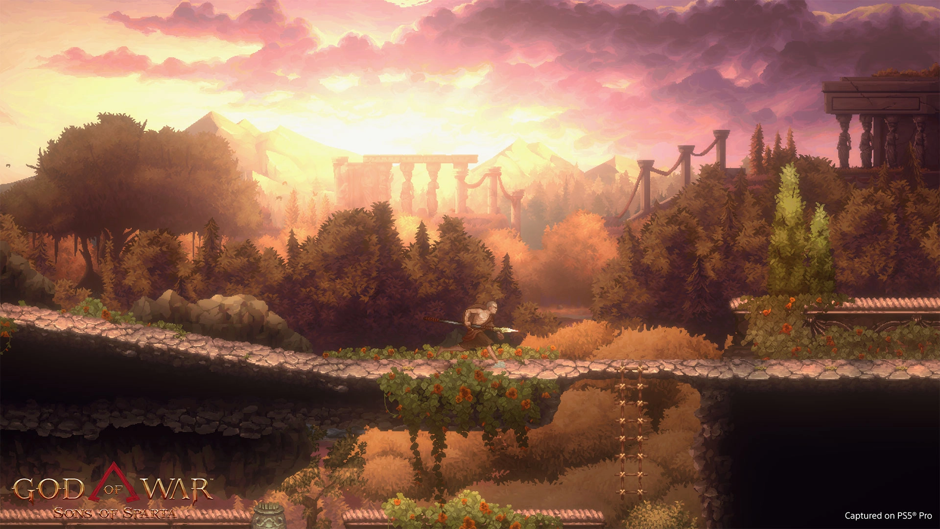Kratos traverses a lush, ancient Greek landscape in the 2D platformer God of War Sons of Sparta on PS5