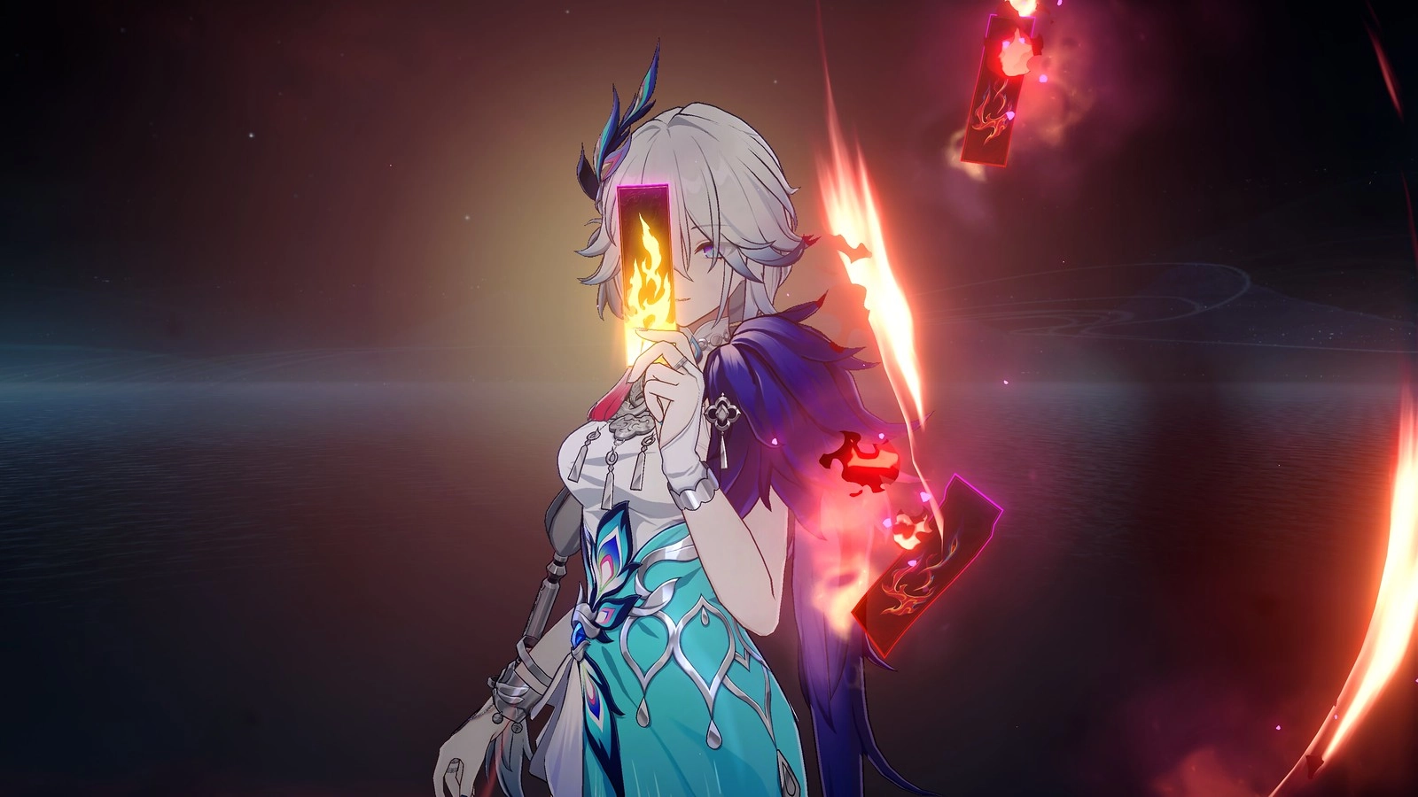 Character holding a glowing card with fiery symbols, set against a mystical backdrop in Honkai: Star Rail