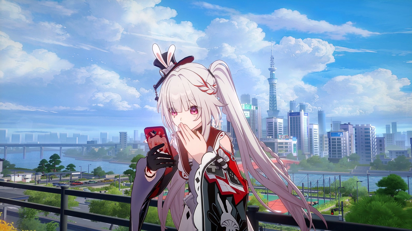 A character with long white hair and red eyes holds a smartphone, overlooking a vibrant cityscape
