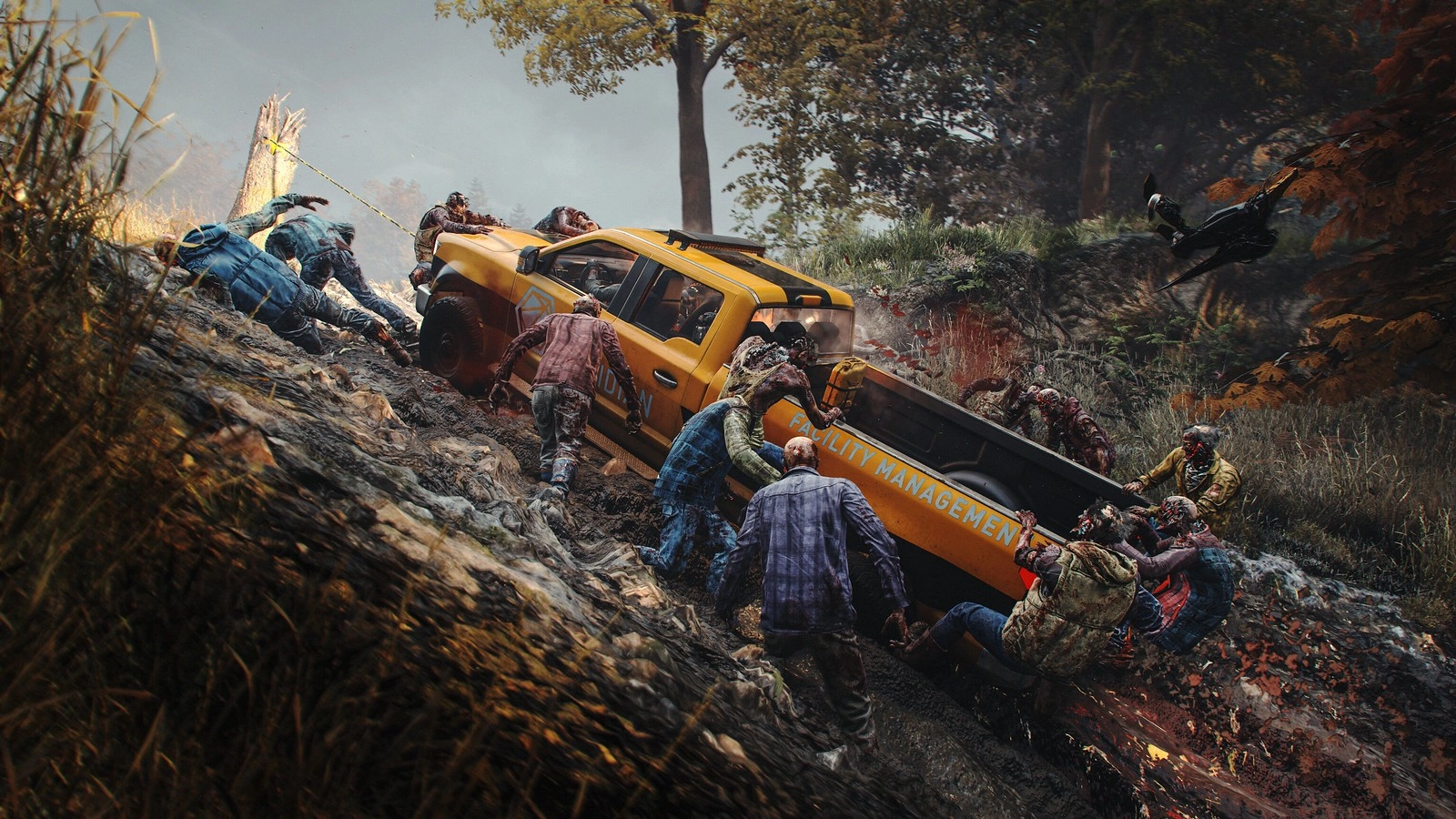 A group of zombies swarming a yellow utility truck on a muddy hill in a forested area